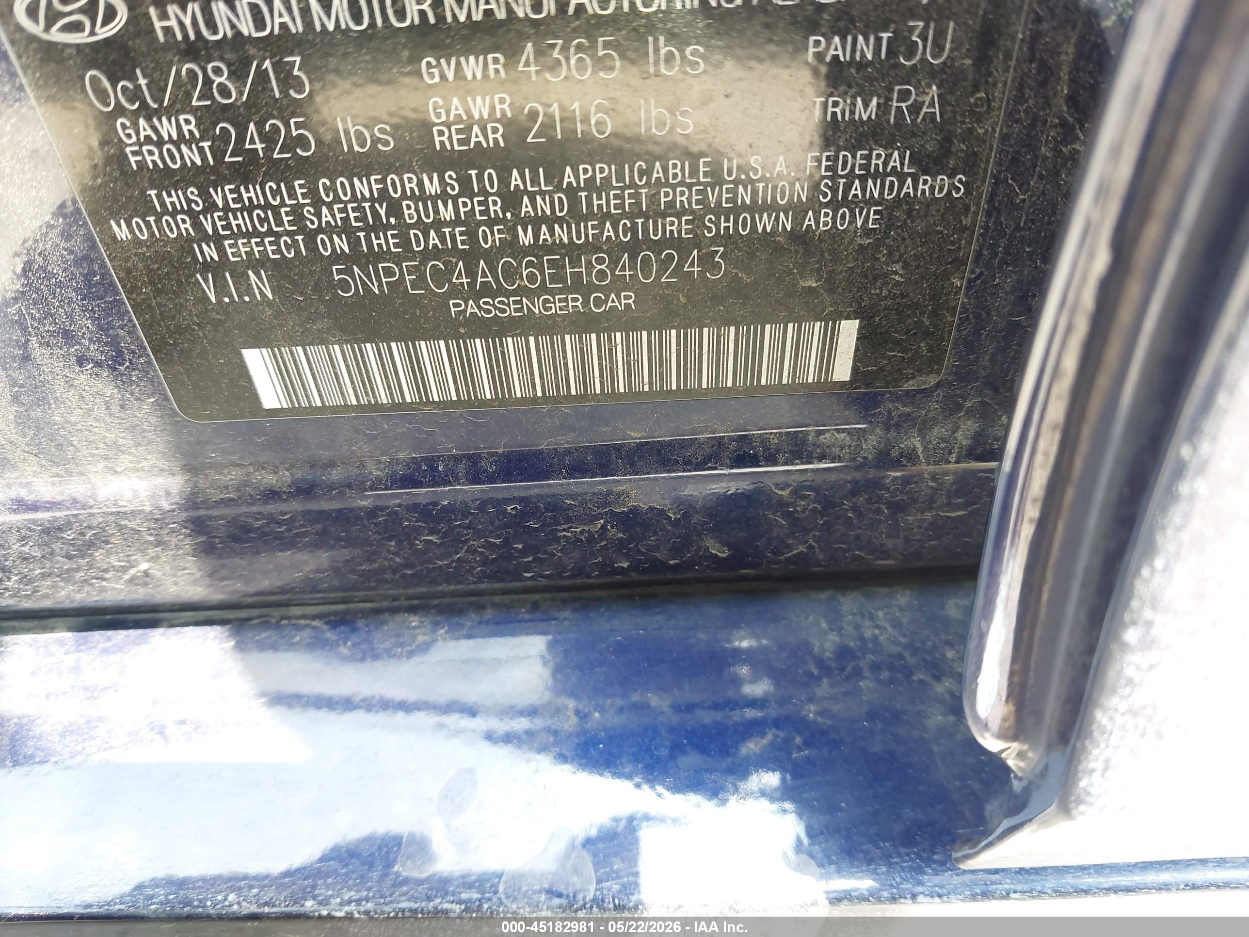 2014 Hyundai Sonata Limited Blue vin: 5NPEC4AC6EH840243