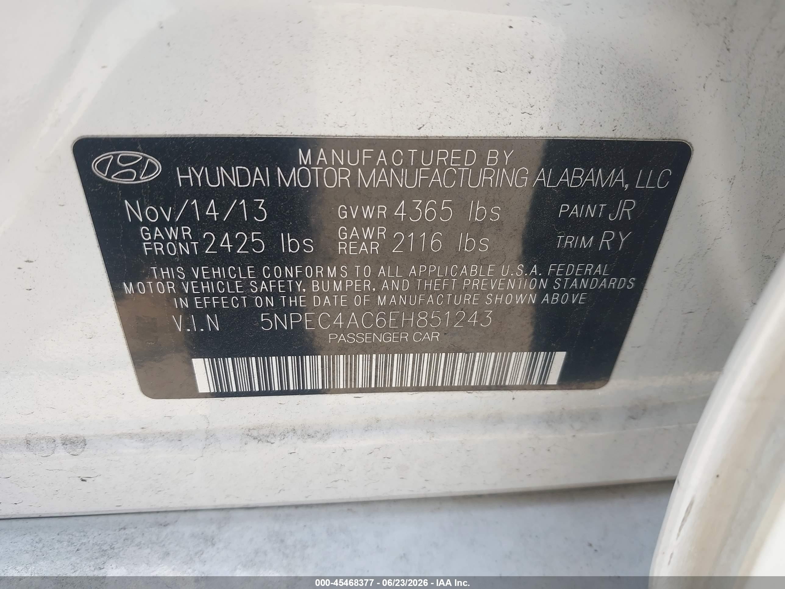 2014 Hyundai Sonata Se White vin: 5NPEC4AC6EH851243