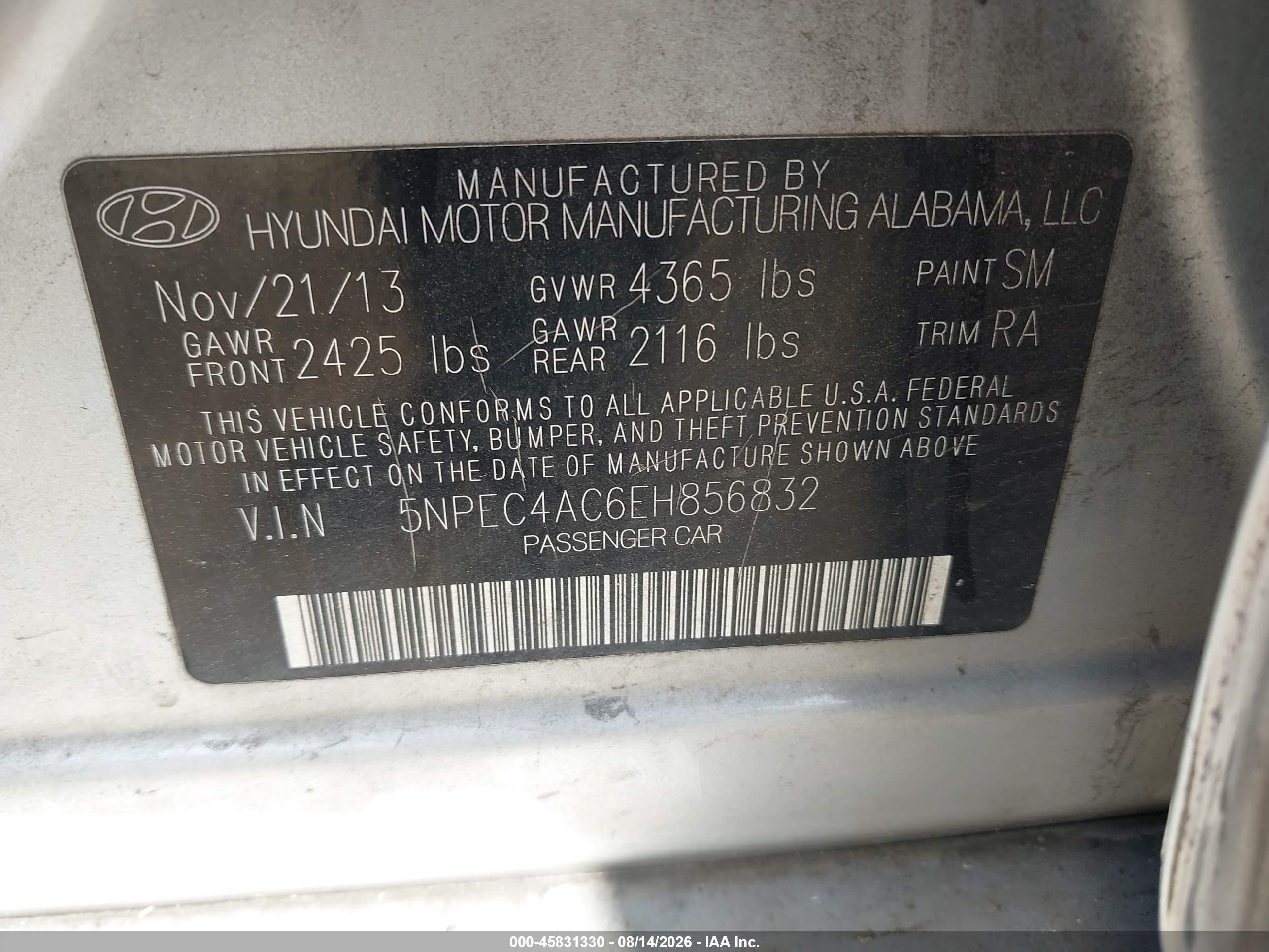 2014 Hyundai Sonata Se Silver vin: 5NPEC4AC6EH856832