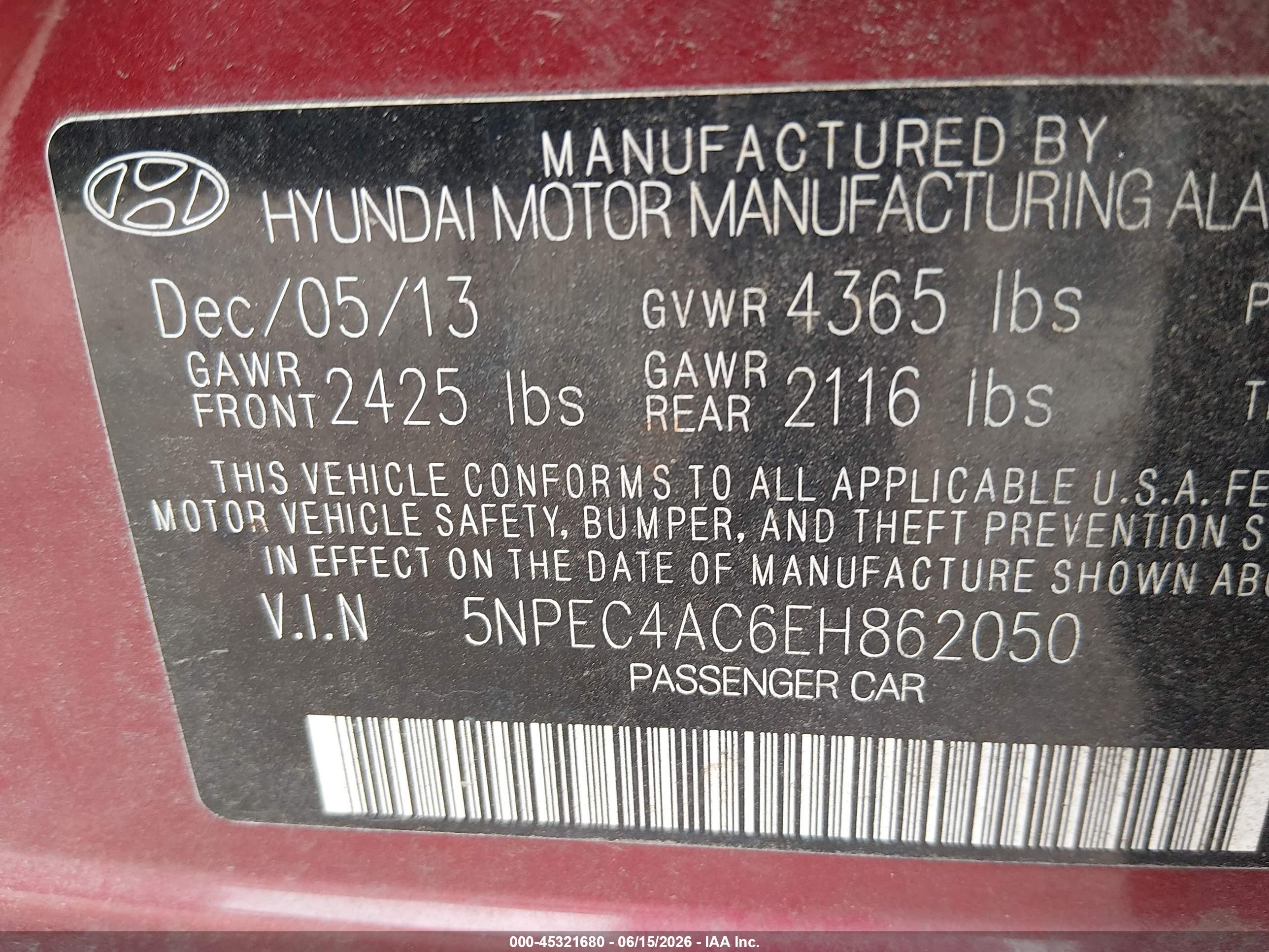 2014 Hyundai Sonata Se Burgundy vin: 5NPEC4AC6EH862050