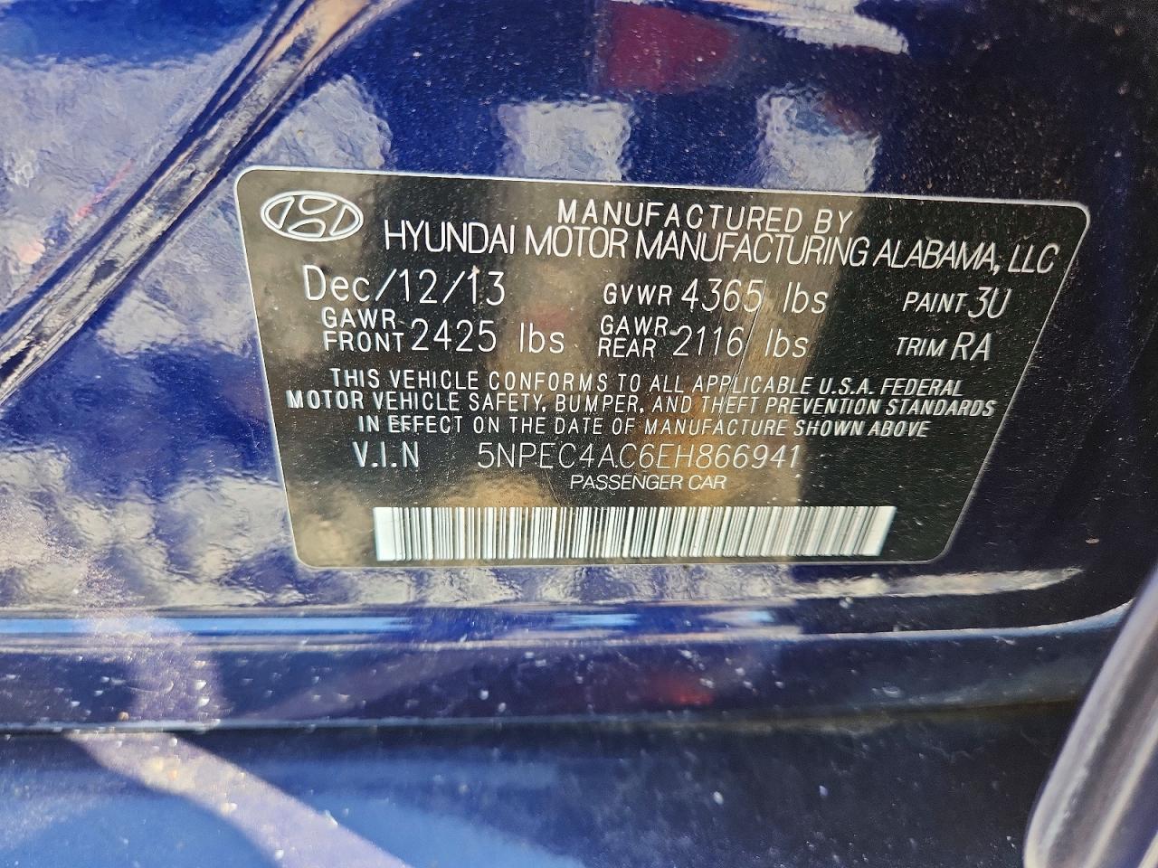 2014 Hyundai Sonata Se Blue vin: 5NPEC4AC6EH866941