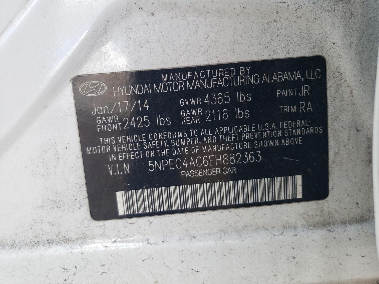 2014 Hyundai Sonata Se White vin: 5NPEC4AC6EH882363