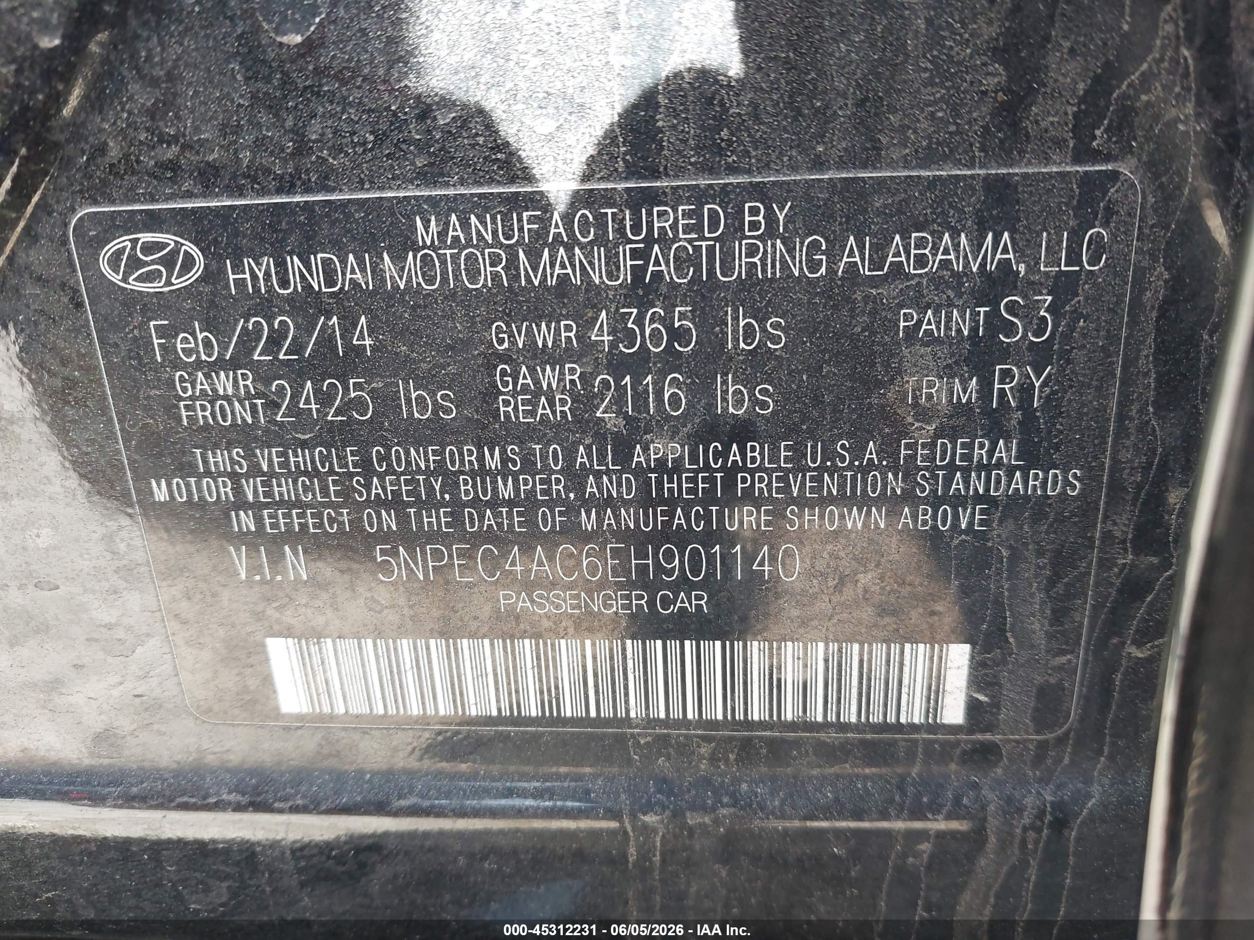 2014 Hyundai Sonata Se Black vin: 5NPEC4AC6EH901140
