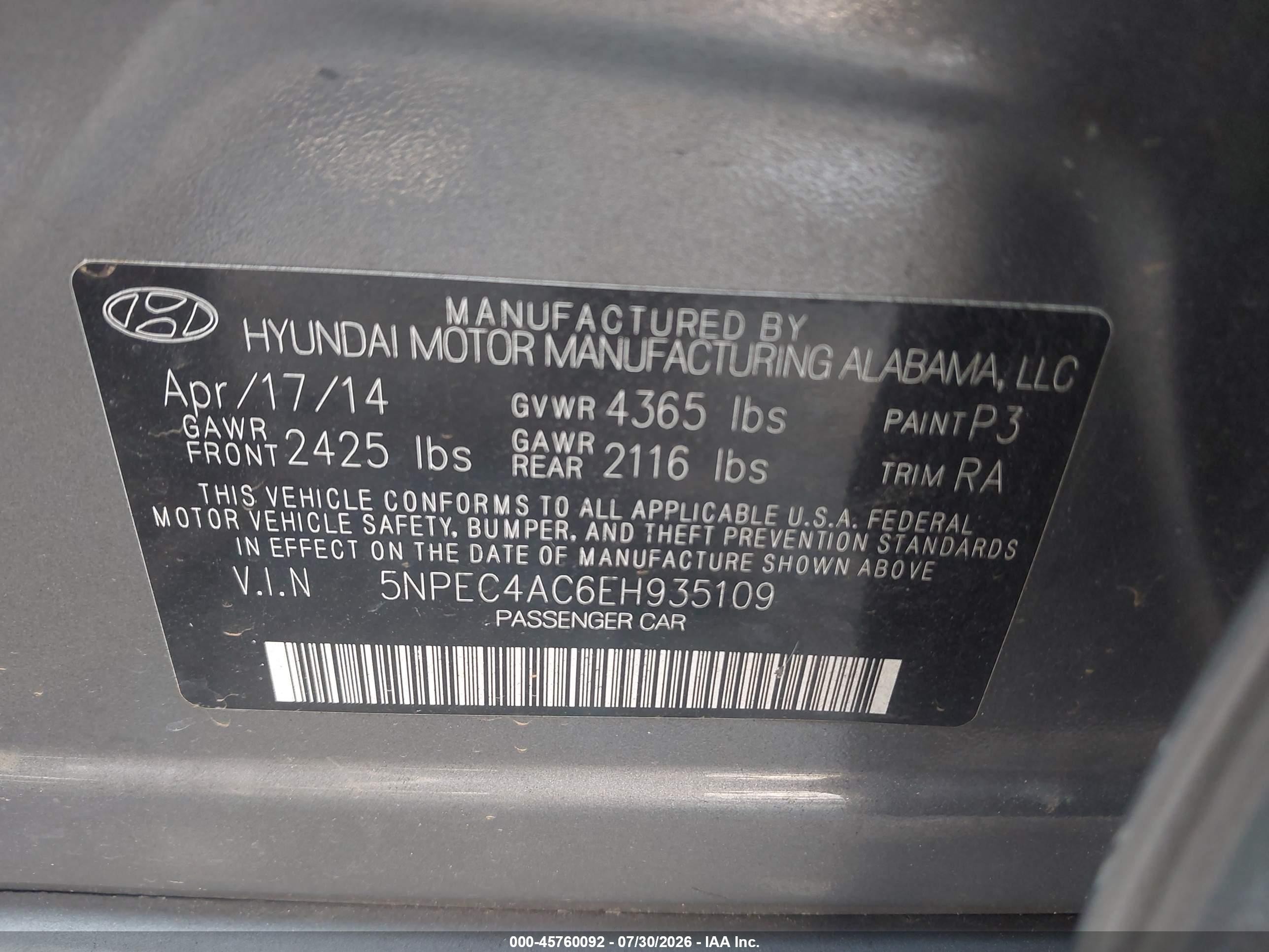 2014 Hyundai Sonata Se Gray vin: 5NPEC4AC6EH935109