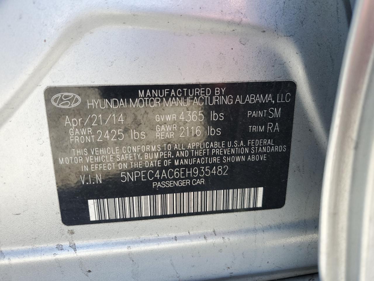 2014 Hyundai Sonata Se Silver vin: 5NPEC4AC6EH935482