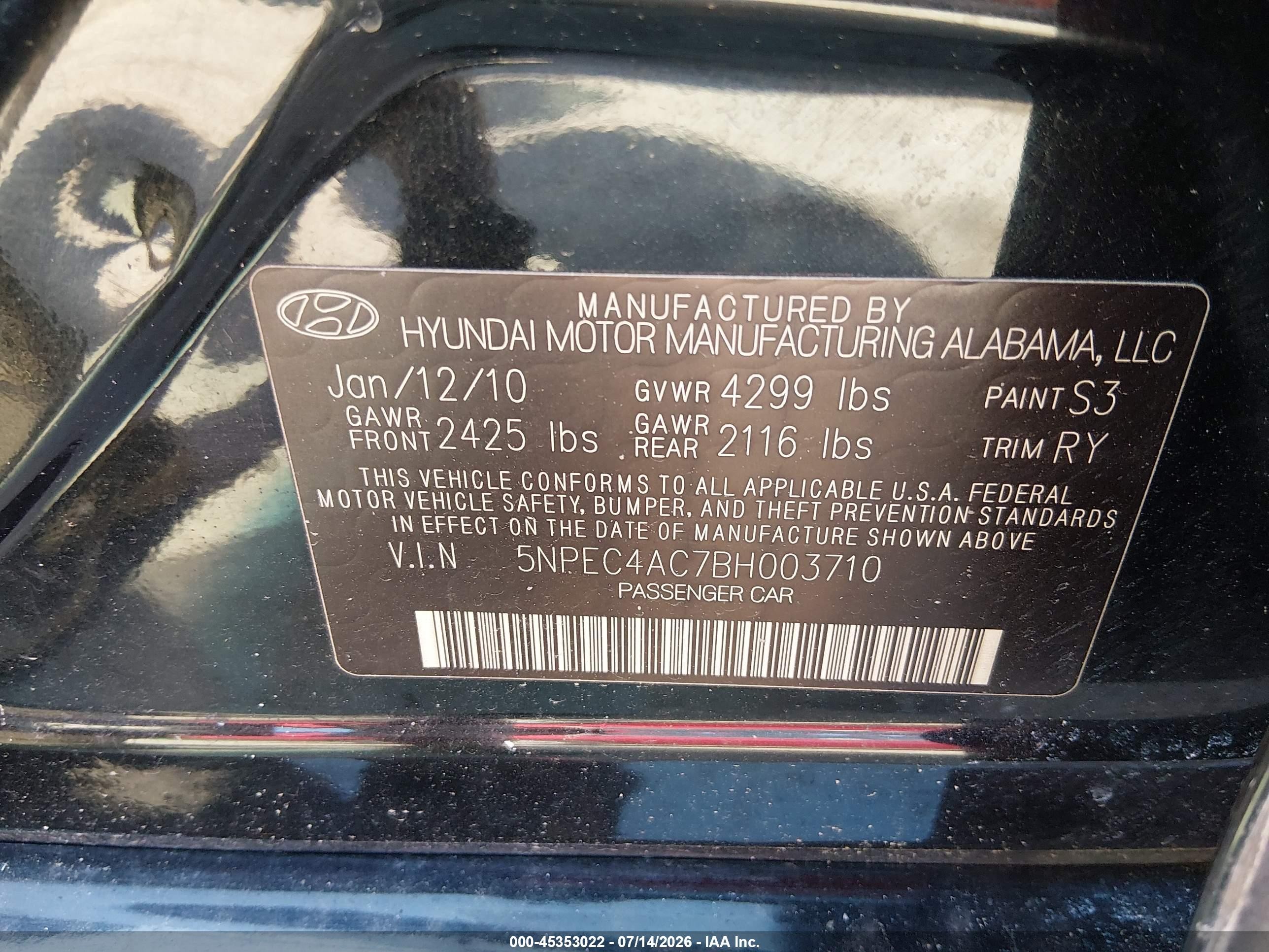 2011 Hyundai Sonata Se Black vin: 5NPEC4AC7BH003710