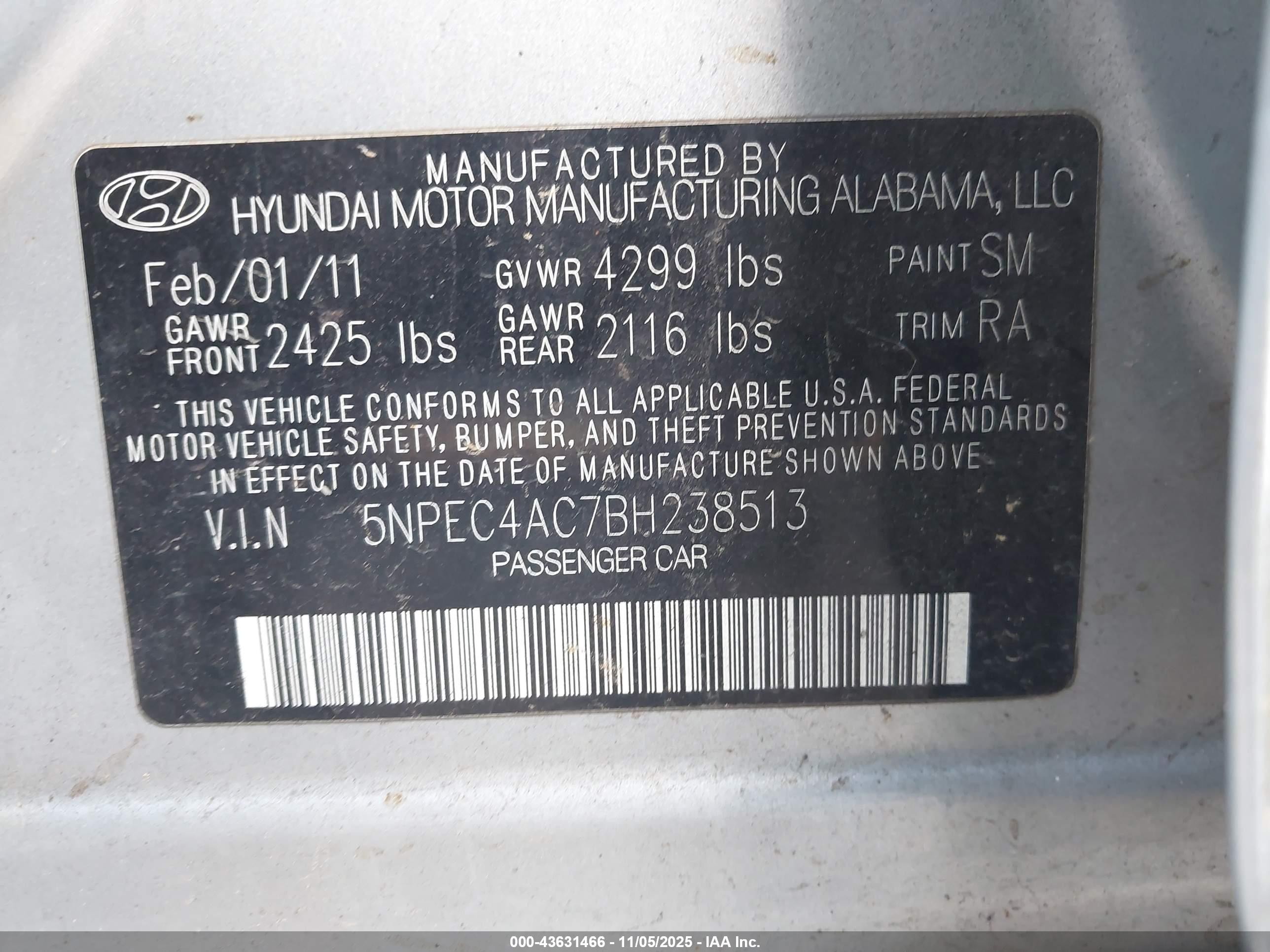 2011 Hyundai Sonata Se Silver vin: 5NPEC4AC7BH238513