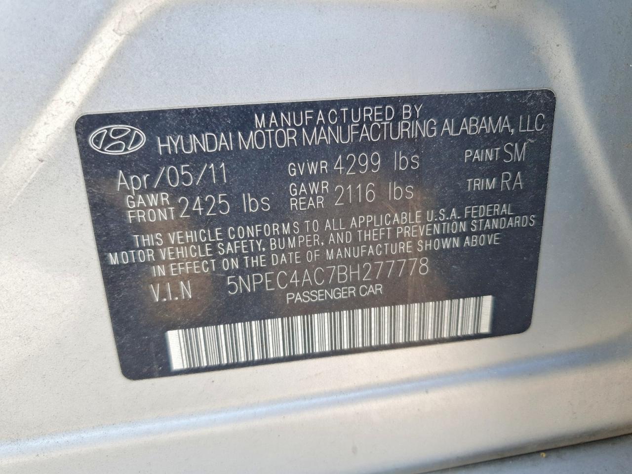 2011 Hyundai Sonata Se Silver vin: 5NPEC4AC7BH277778