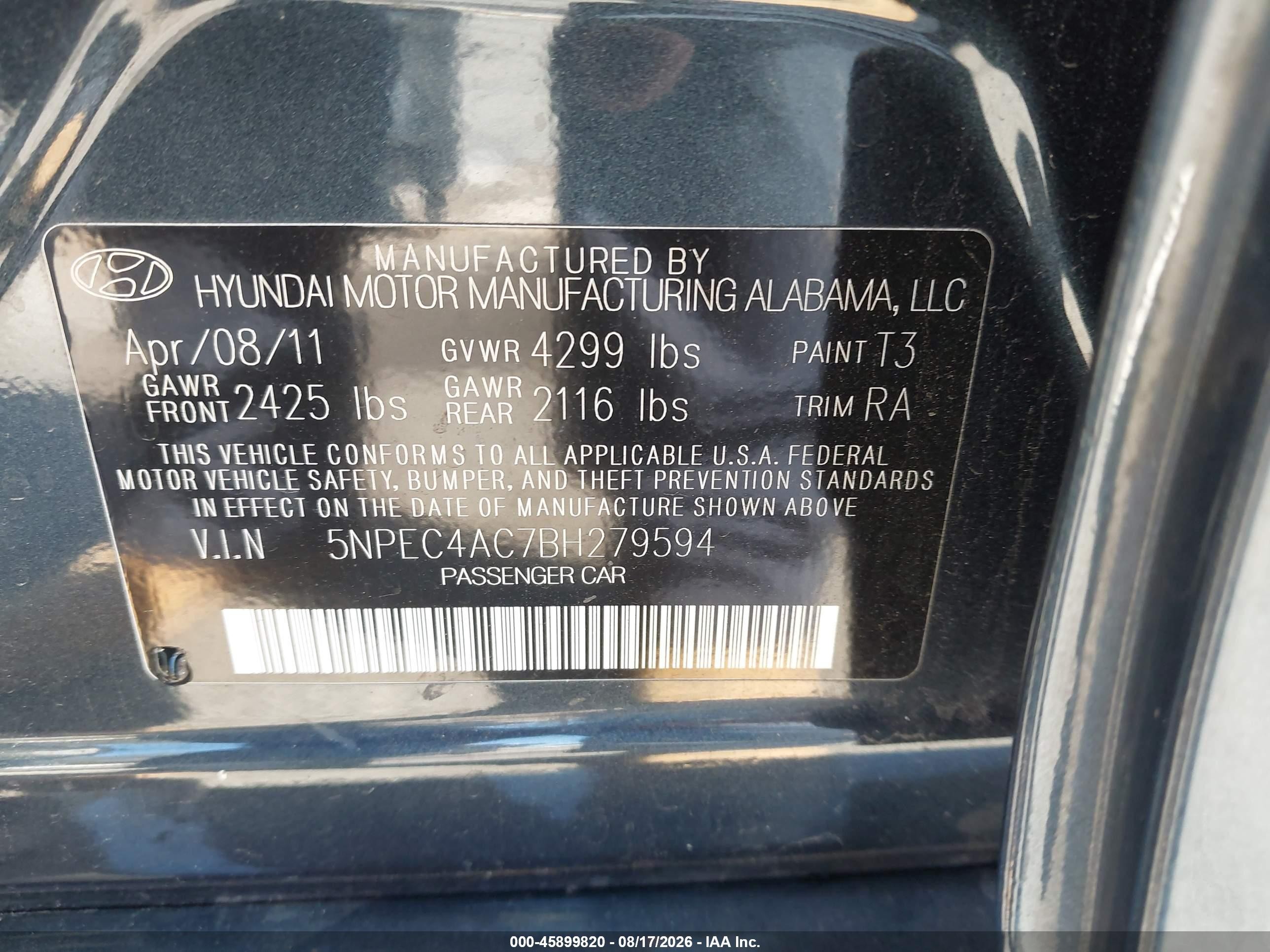2011 Hyundai Sonata Limited Black vin: 5NPEC4AC7BH279594