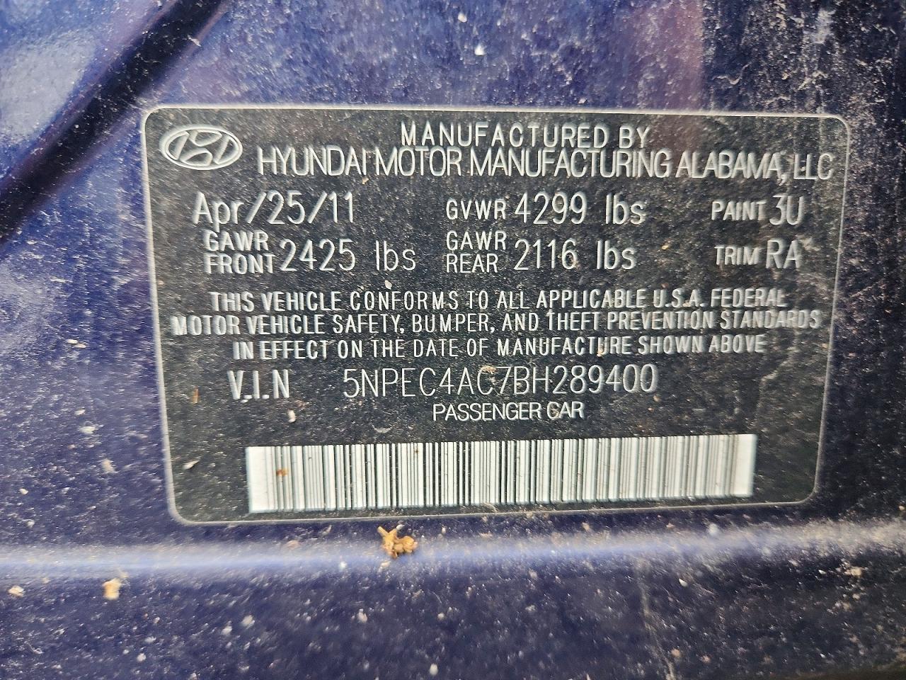 2011 Hyundai Sonata Se Blue vin: 5NPEC4AC7BH289400