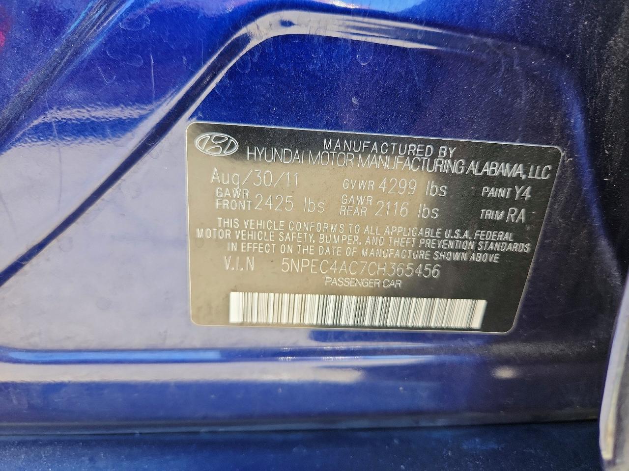 2012 Hyundai Sonata Se Blue vin: 5NPEC4AC7CH365456