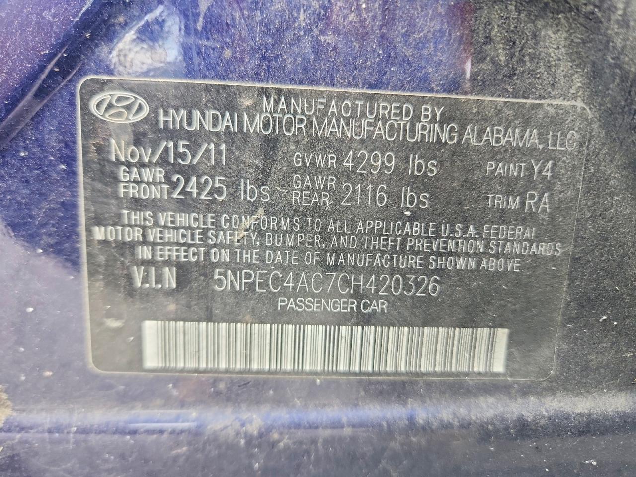 2012 Hyundai Sonata Blue vin: 5NPEC4AC7CH420326