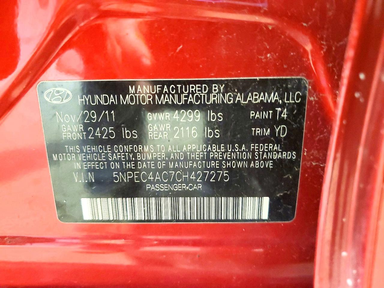 2012 Hyundai Sonata Limited Red vin: 5NPEC4AC7CH427275