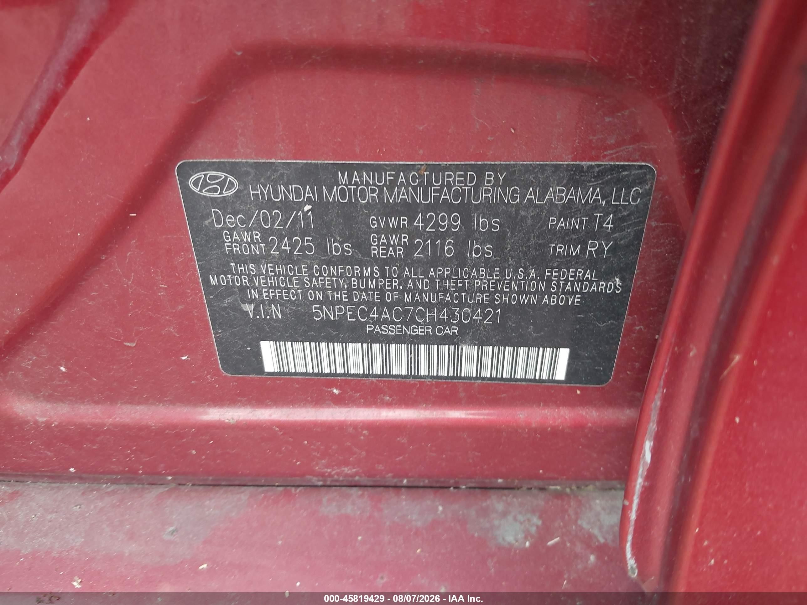 2012 Hyundai Sonata Se Red vin: 5NPEC4AC7CH430421