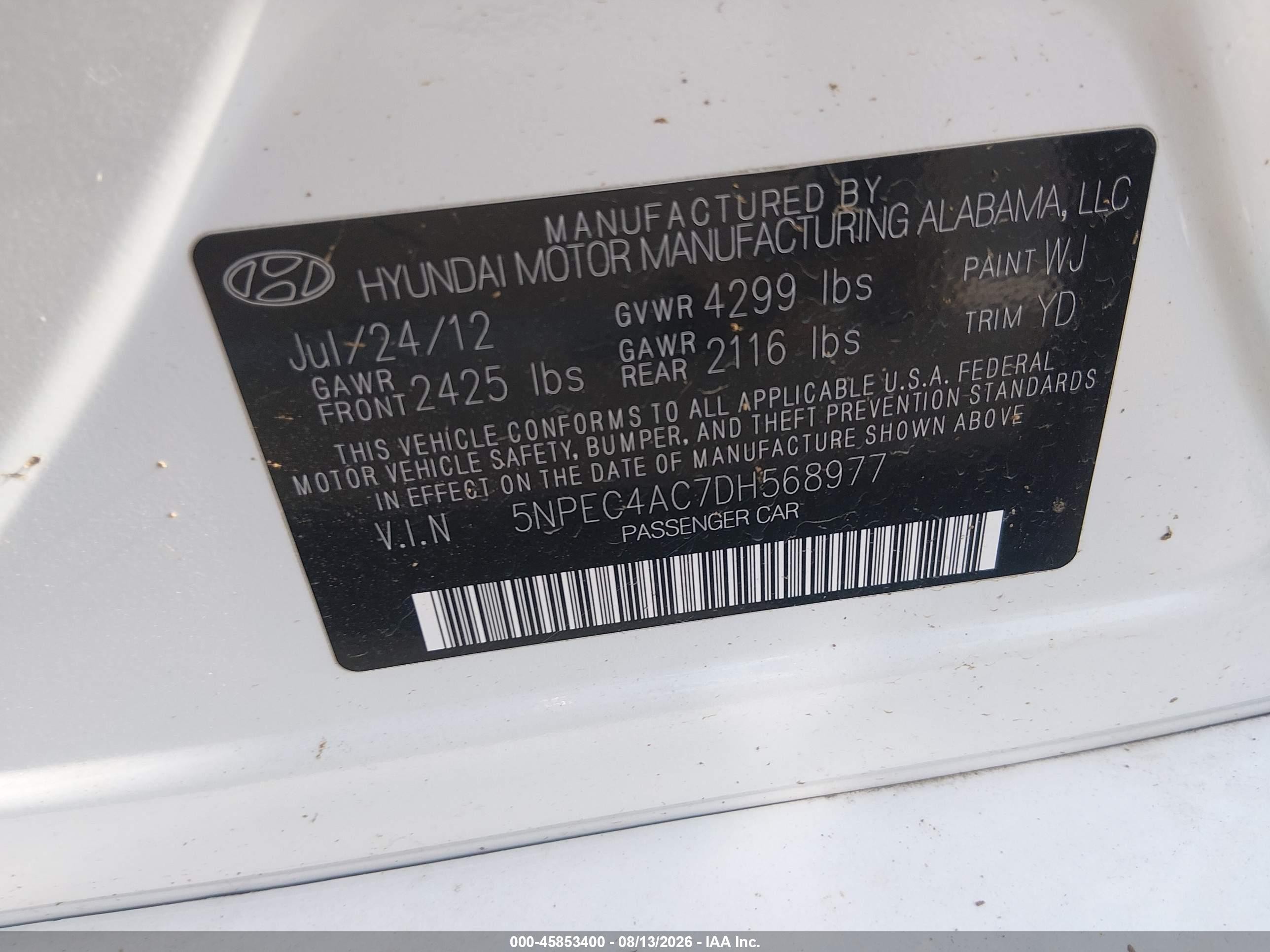 2013 Hyundai Sonata Limited White vin: 5NPEC4AC7DH568977