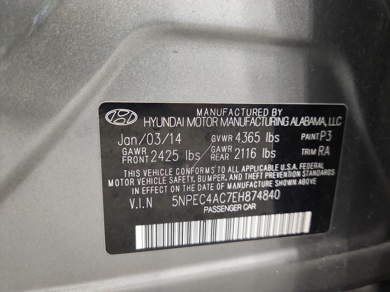 2014 Hyundai Sonata Se Gray vin: 5NPEC4AC7EH874840