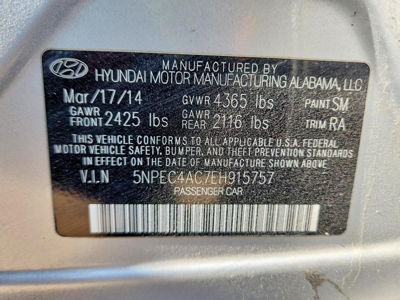 2014 Hyundai Sonata Se Silver vin: 5NPEC4AC7EH915757