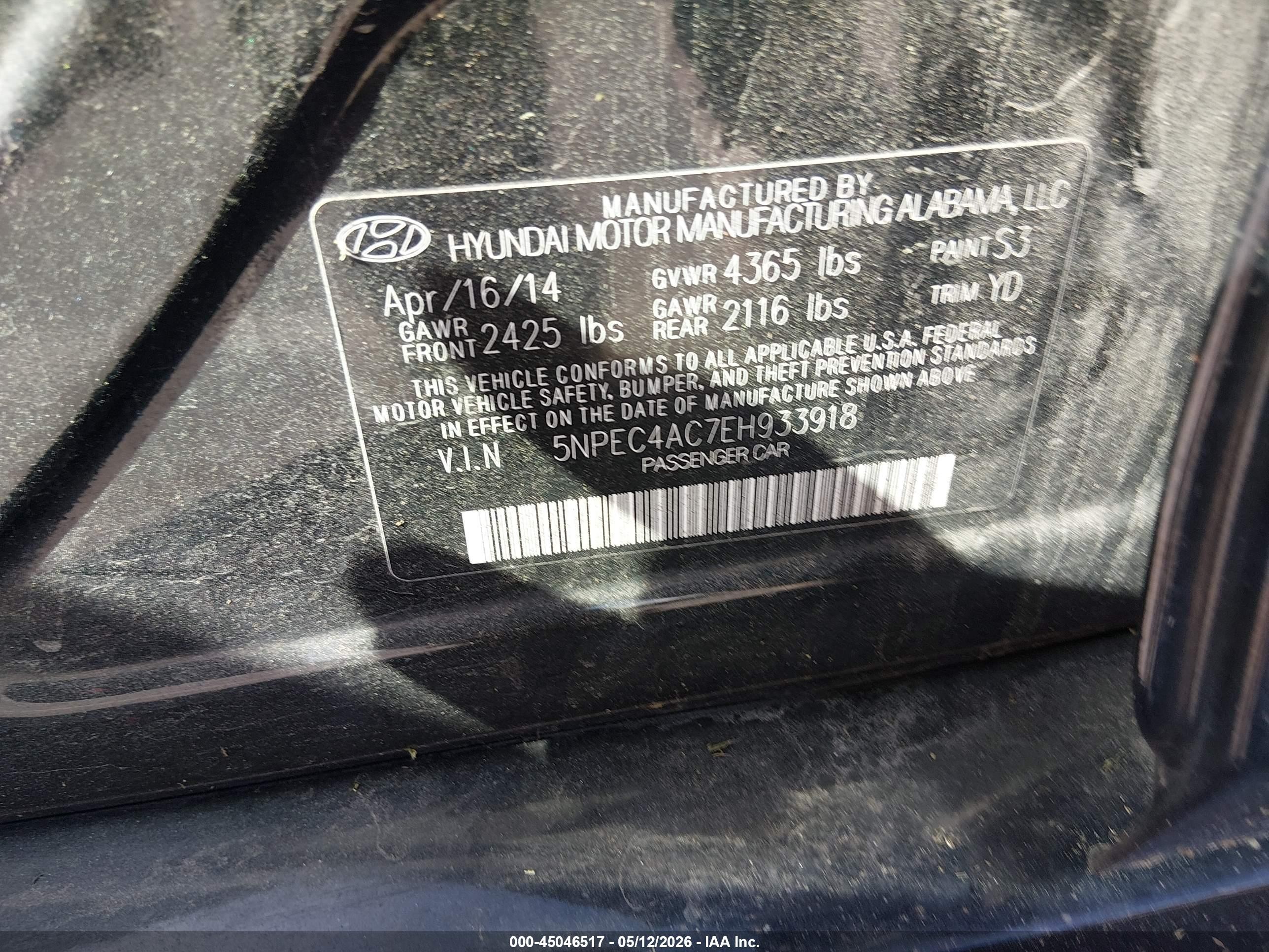2014 Hyundai Sonata Limited Black vin: 5NPEC4AC7EH933918