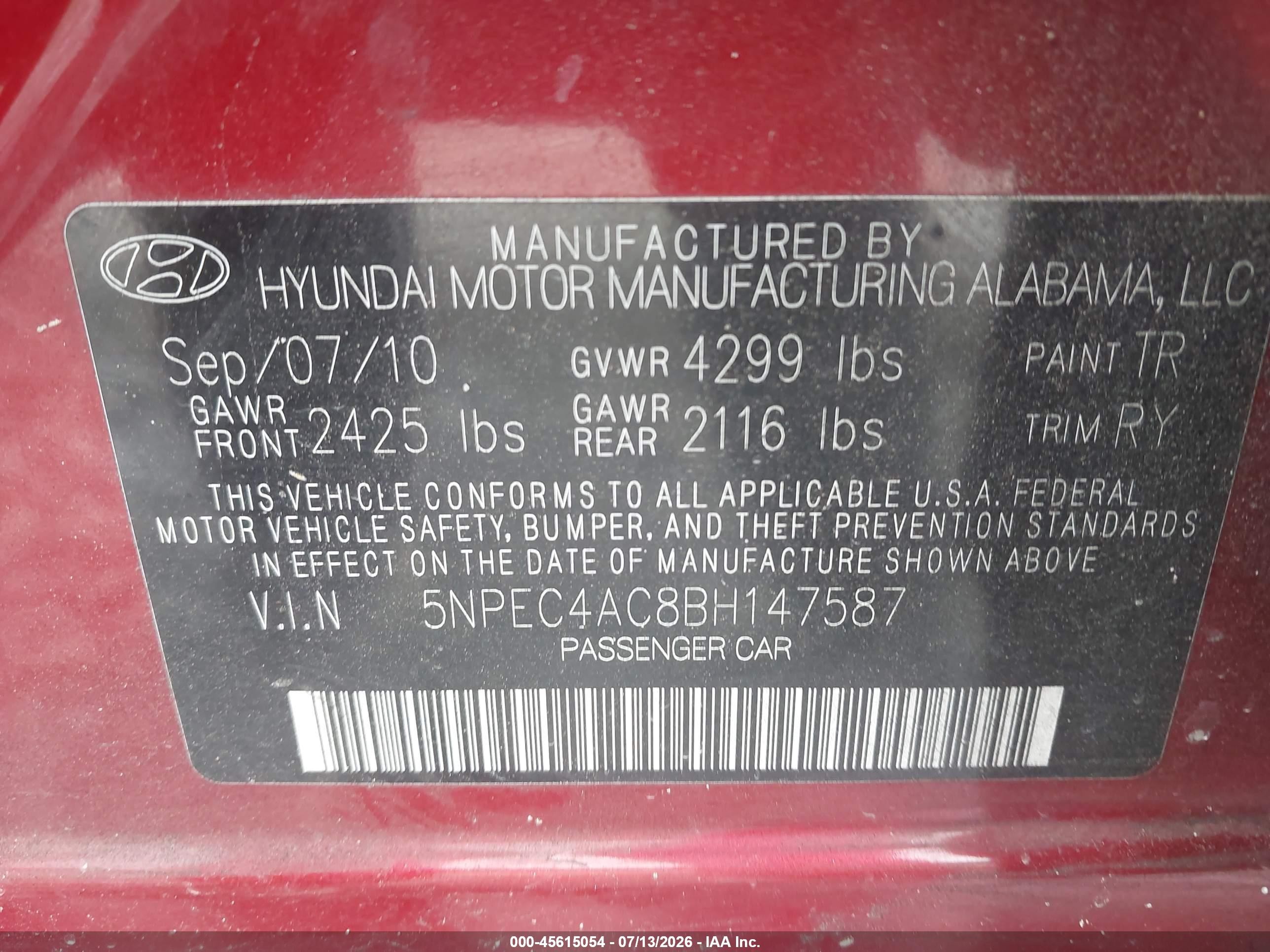 2011 Hyundai Sonata Se Красный vin: 5NPEC4AC8BH147587