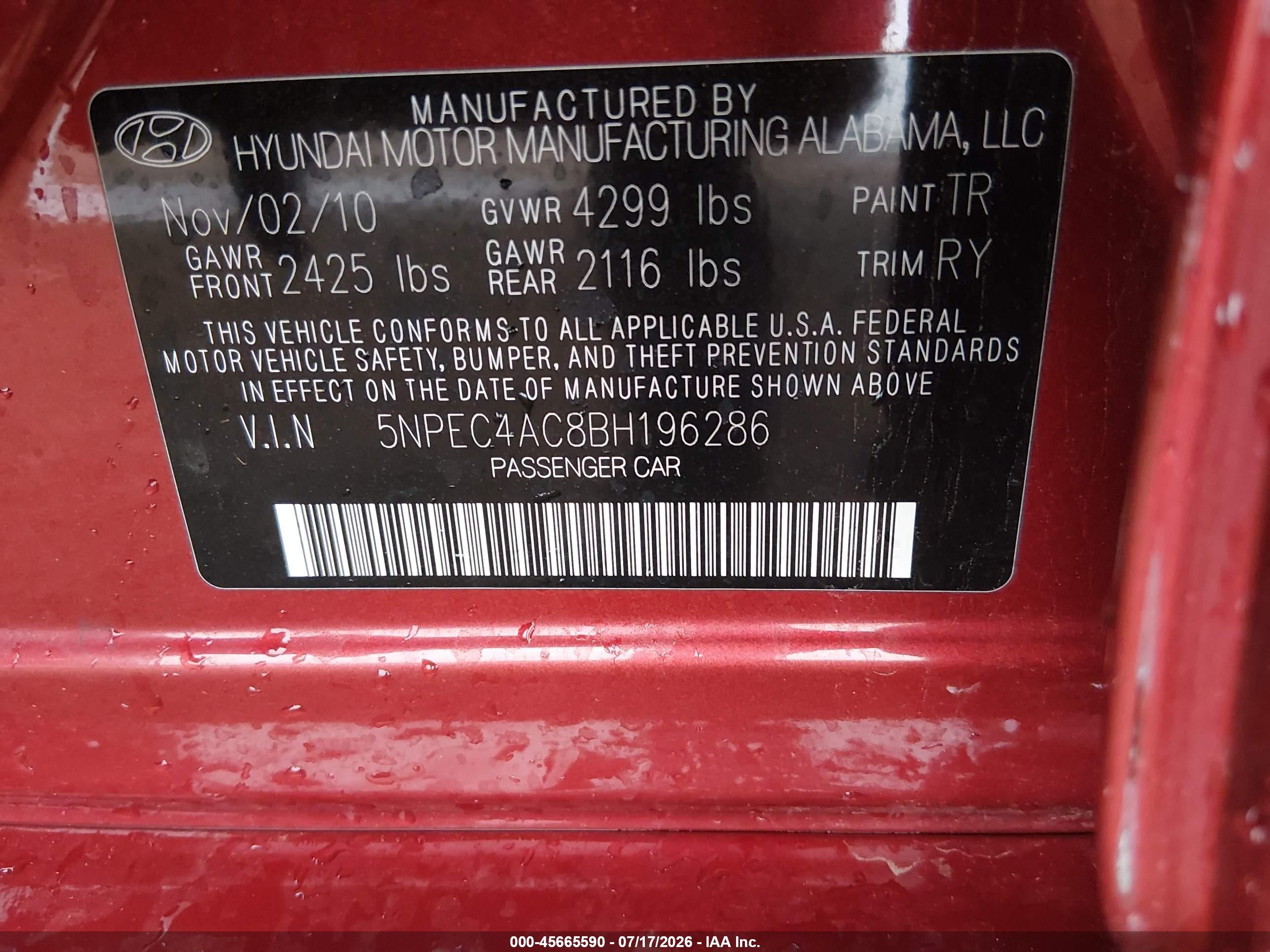 2011 Hyundai Sonata Se Красный vin: 5NPEC4AC8BH196286