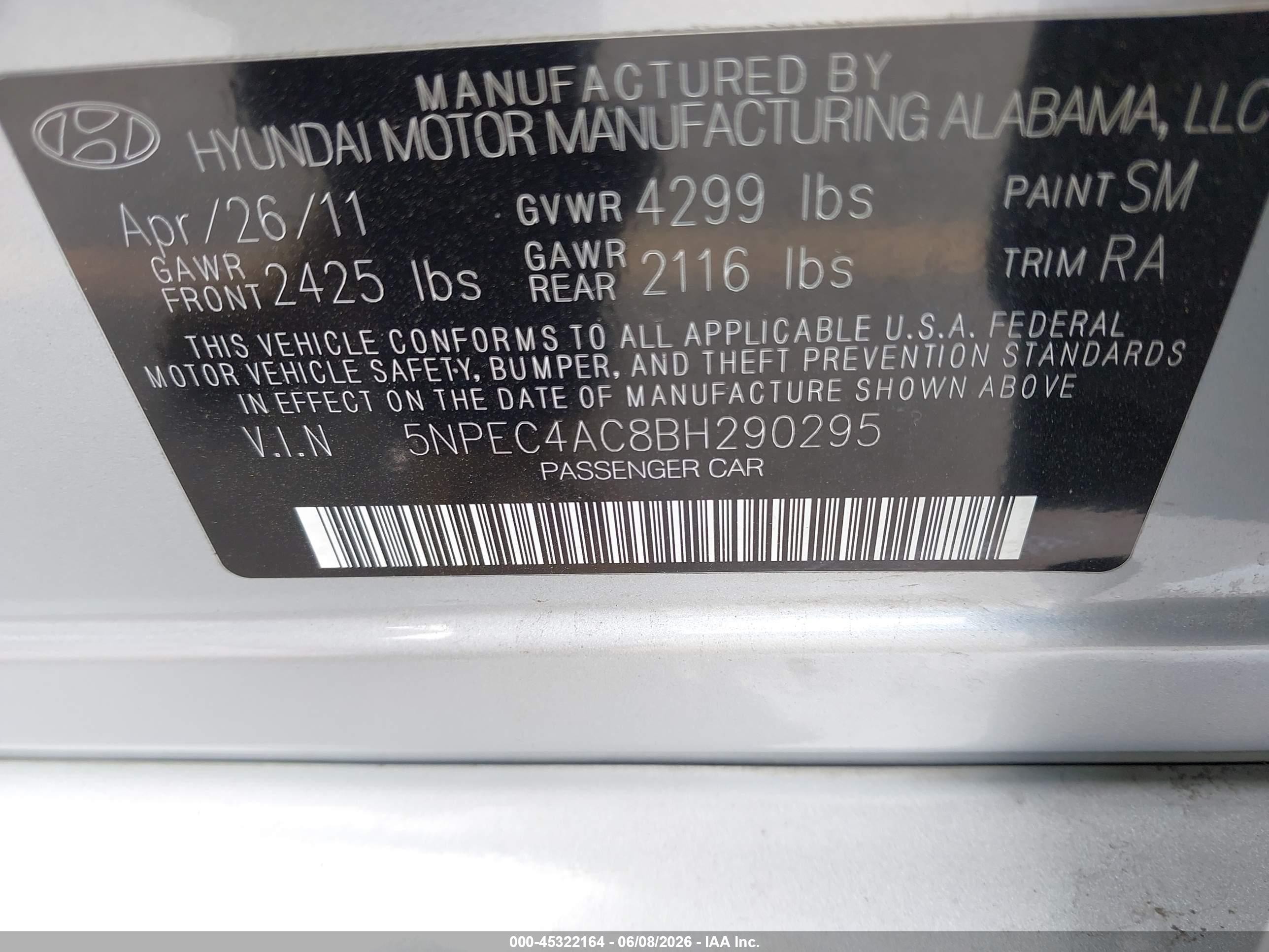 2011 Hyundai Sonata Se Silver vin: 5NPEC4AC8BH290295