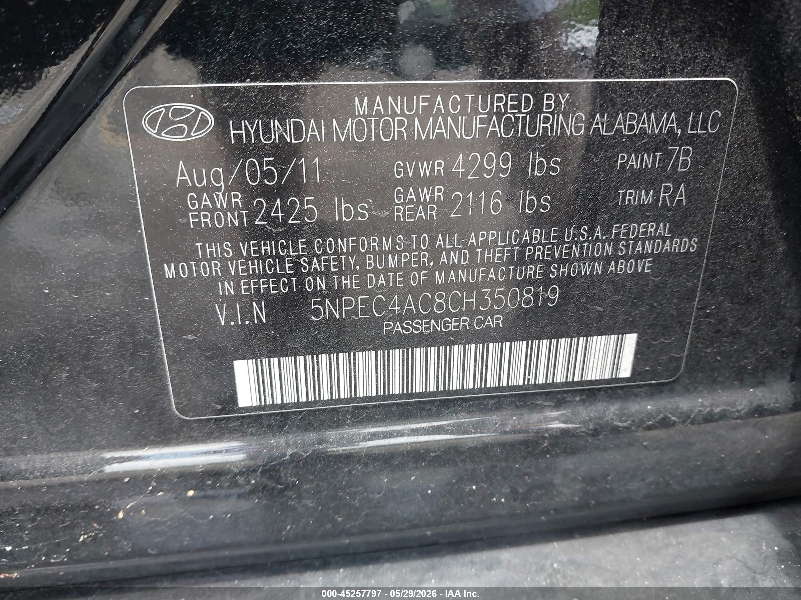 2012 Hyundai Sonata Limited Black vin: 5NPEC4AC8CH350819
