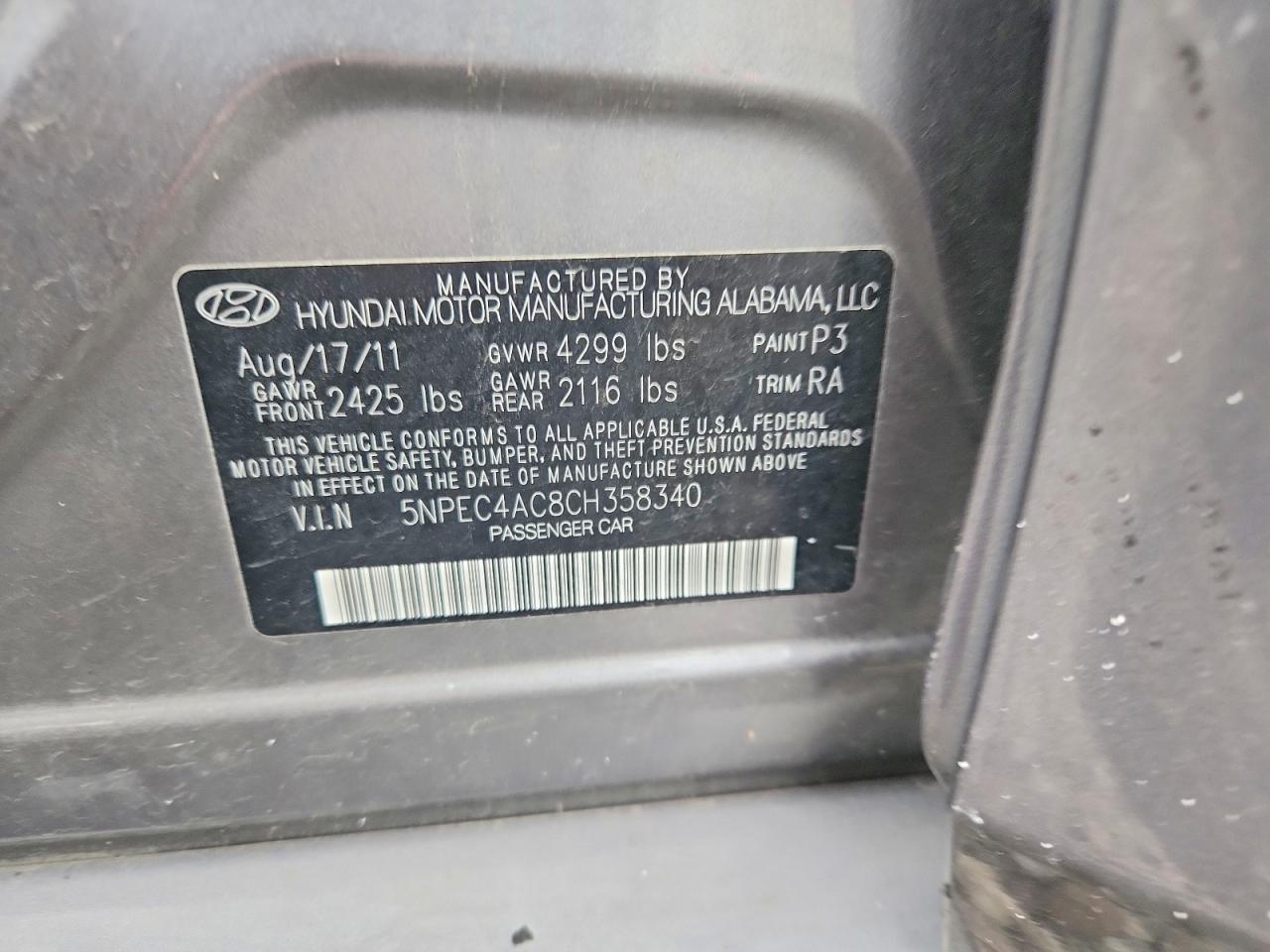 2012 Hyundai Sonata Se Gray vin: 5NPEC4AC8CH358340