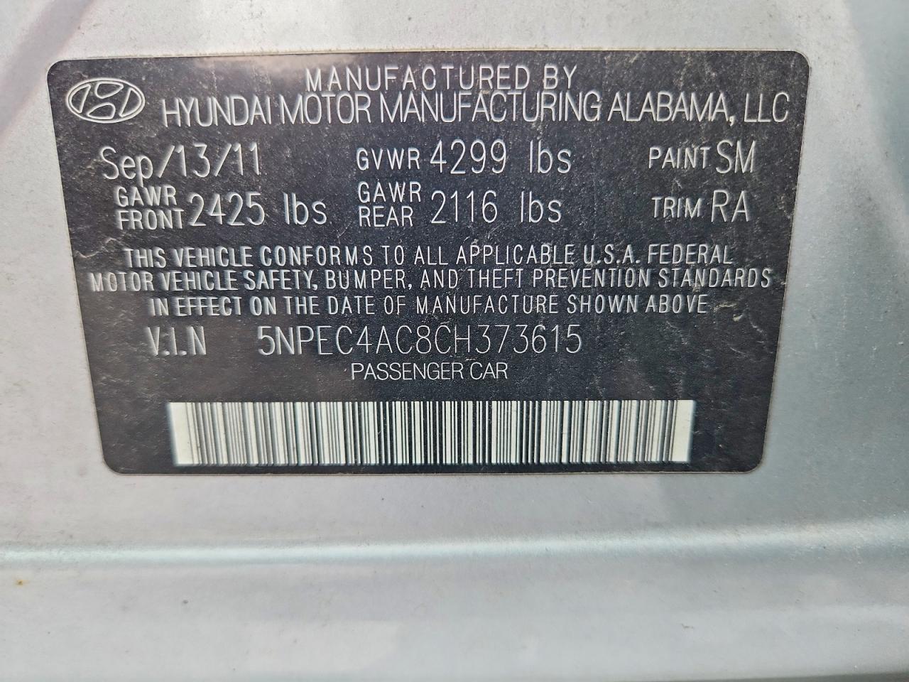 2012 Hyundai Sonata Se Silver vin: 5NPEC4AC8CH373615
