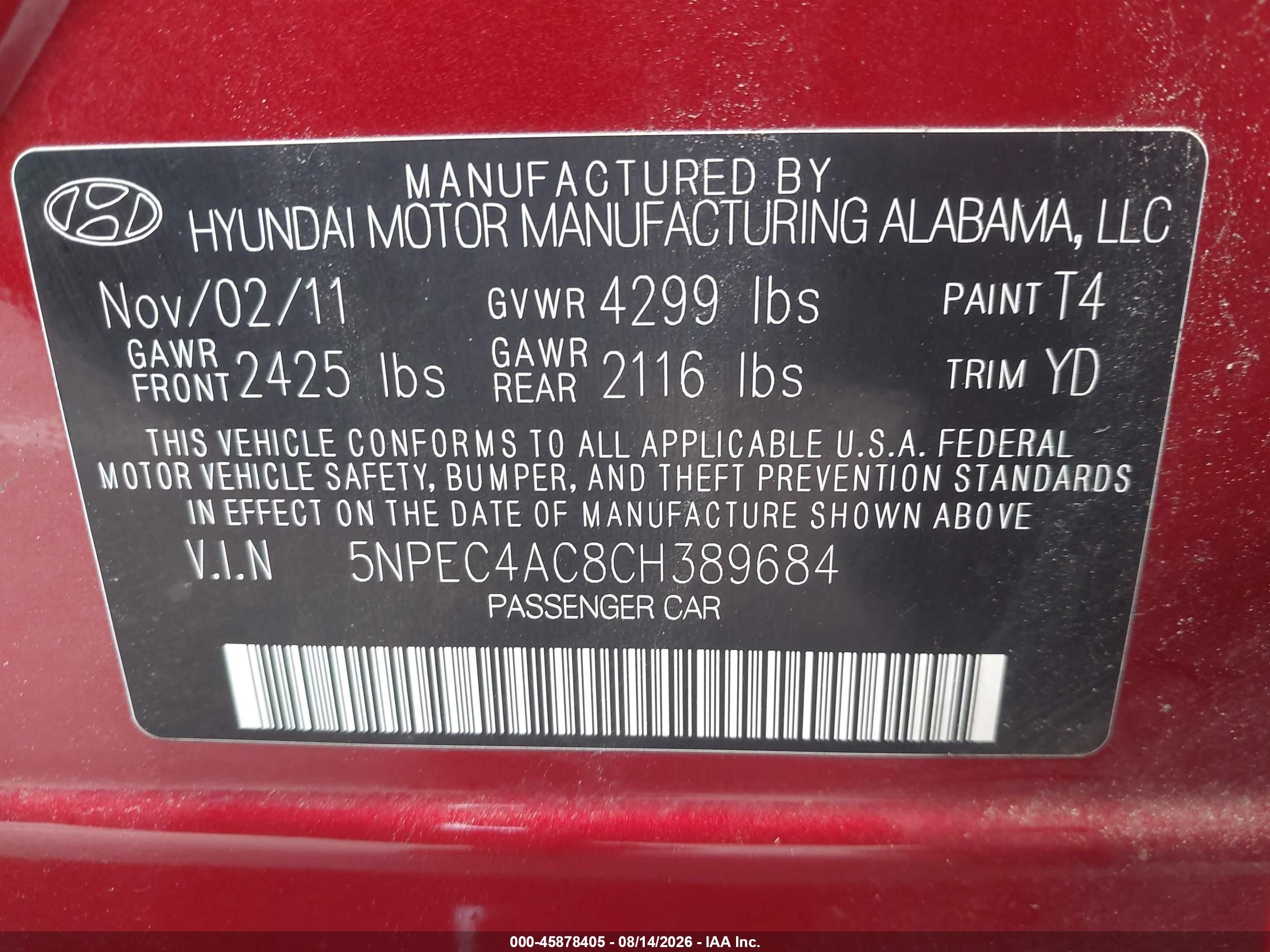 2012 Hyundai Sonata Limited Red vin: 5NPEC4AC8CH389684