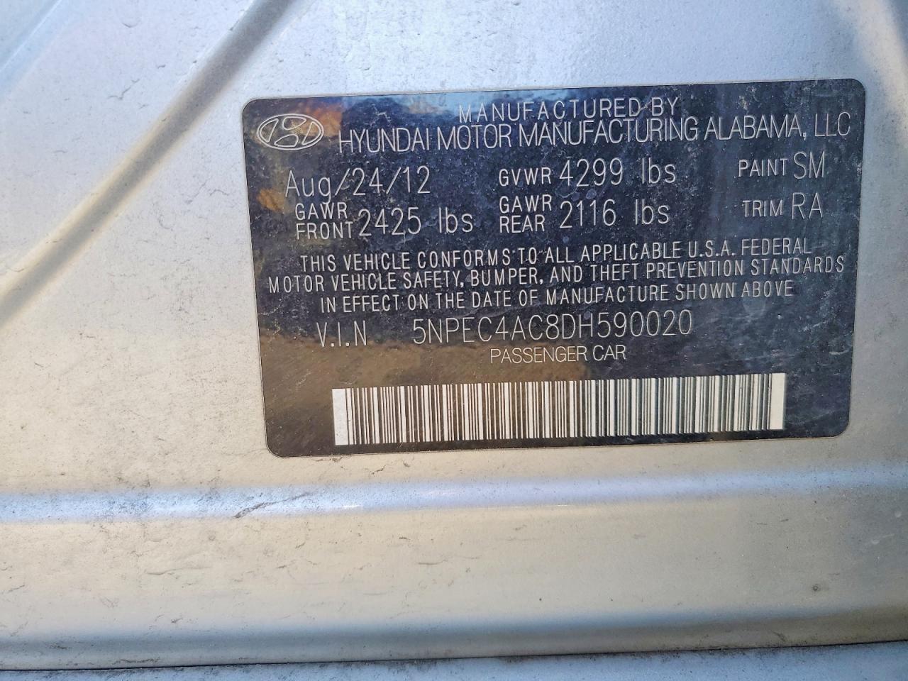 2013 Hyundai Sonata Se Silver vin: 5NPEC4AC8DH590020