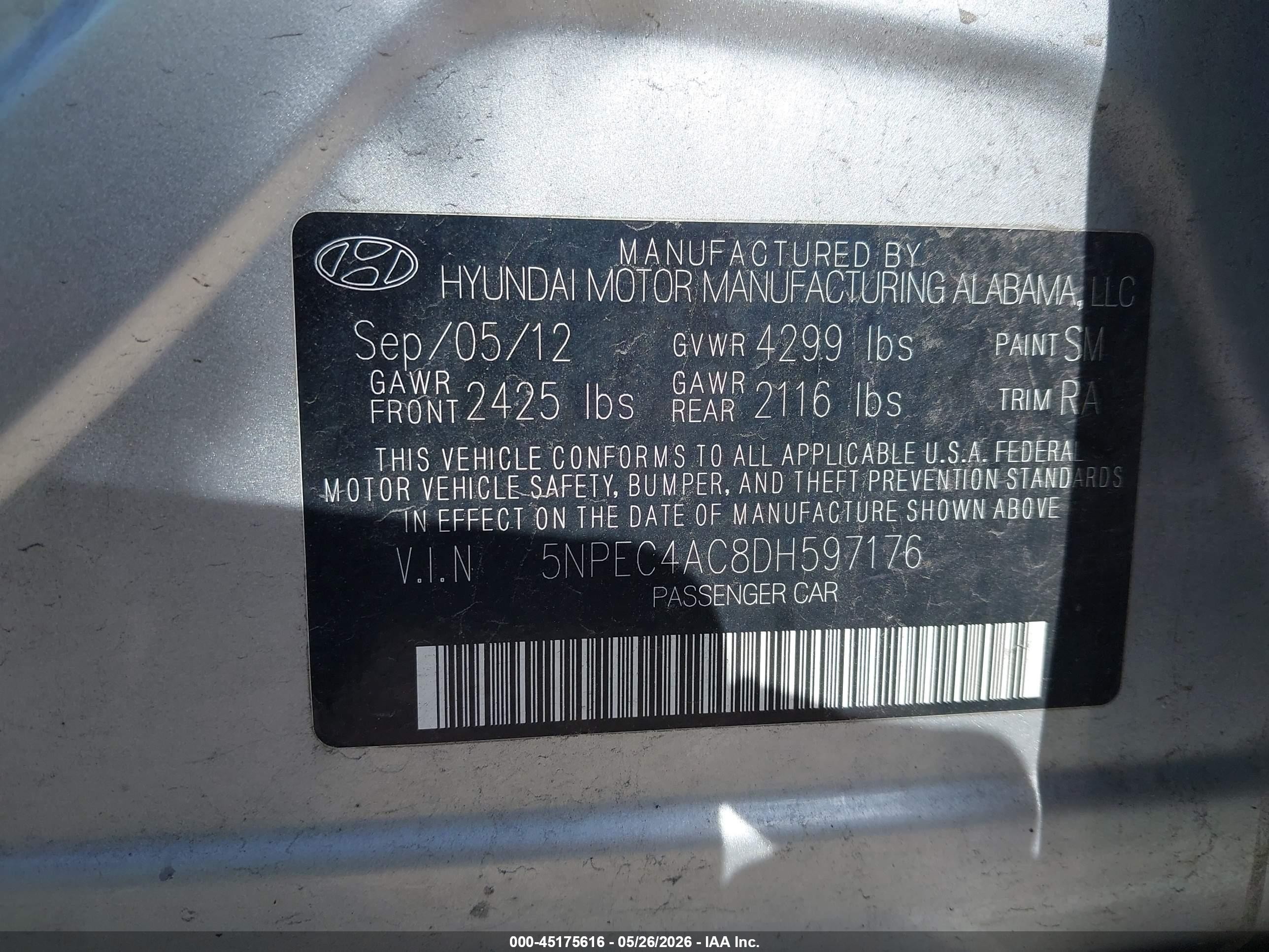 2013 Hyundai Sonata Se Silver vin: 5NPEC4AC8DH597176