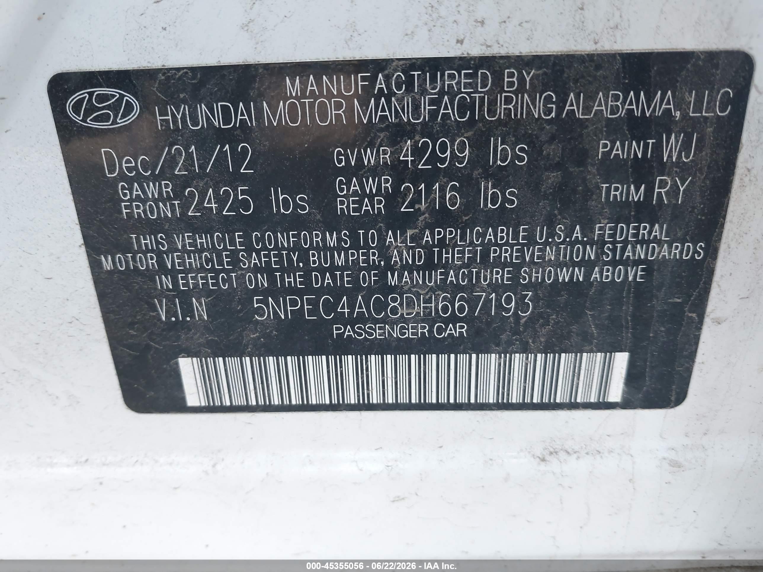 2013 Hyundai Sonata Se White vin: 5NPEC4AC8DH667193