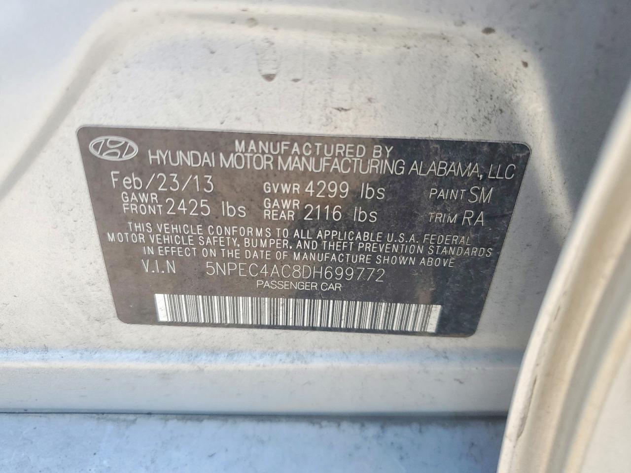 2013 Hyundai Sonata Se Silver vin: 5NPEC4AC8DH699772