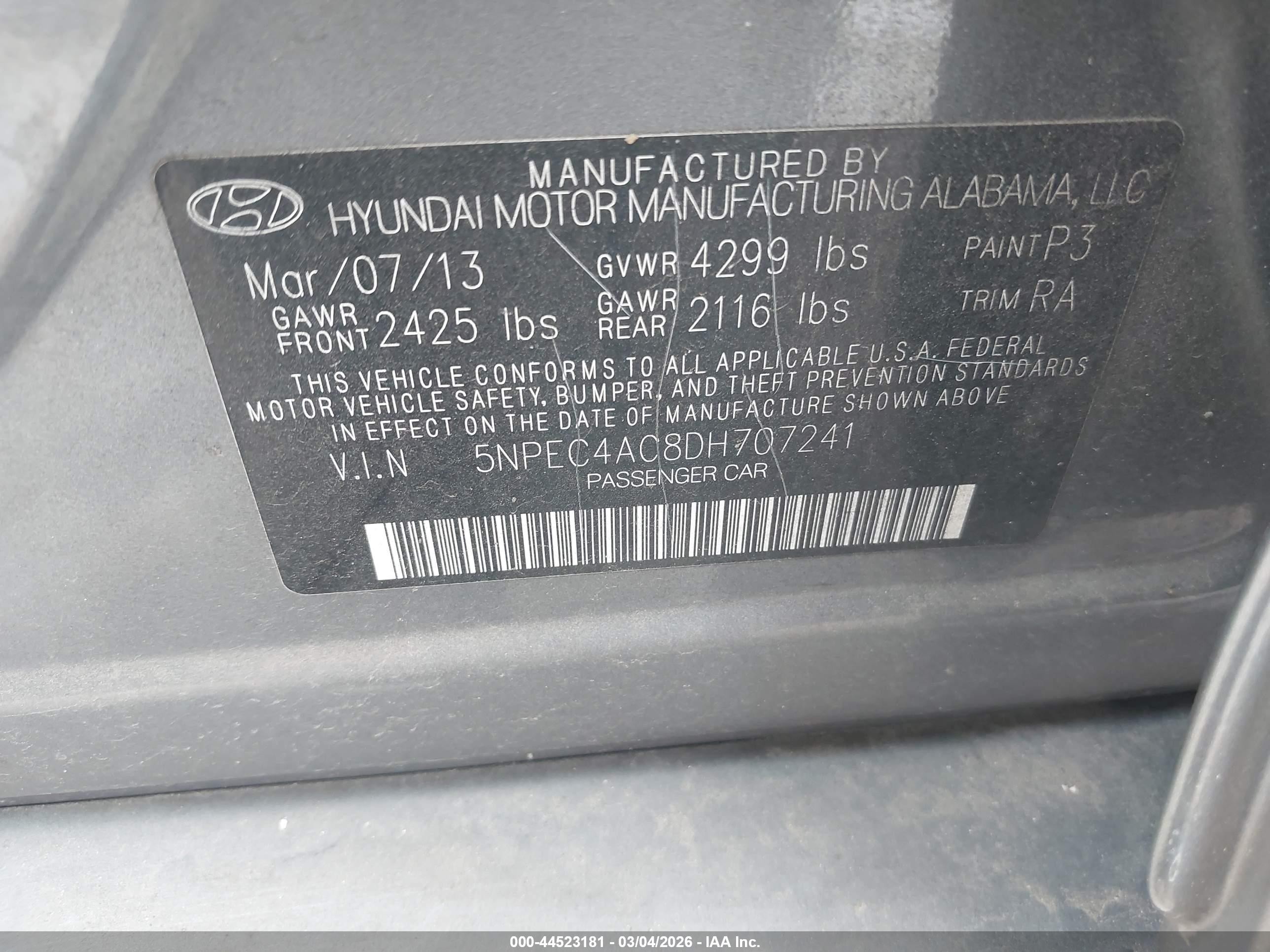 2013 Hyundai Sonata Se Gray vin: 5NPEC4AC8DH707241