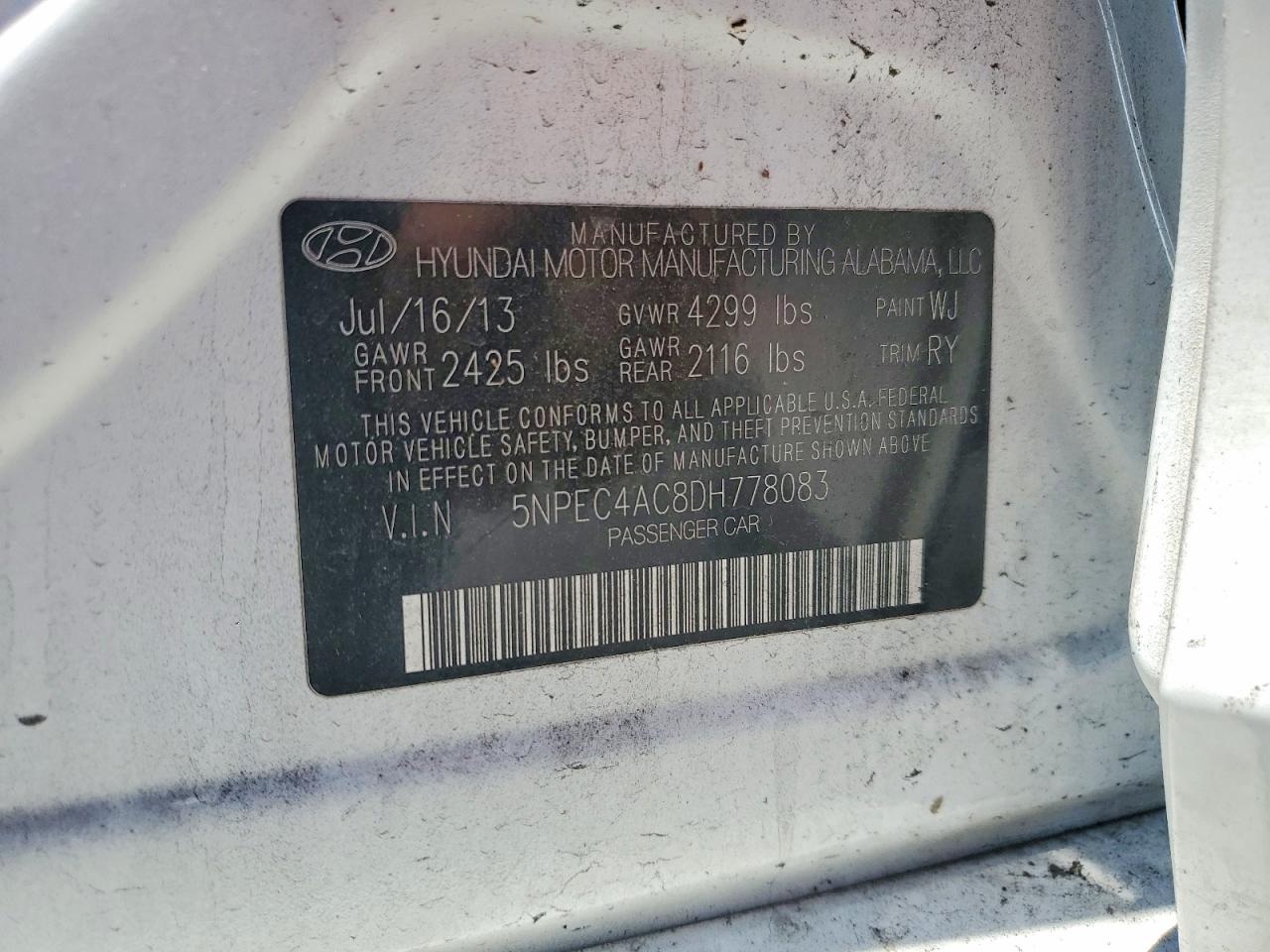 2013 Hyundai Sonata Se White vin: 5NPEC4AC8DH778083