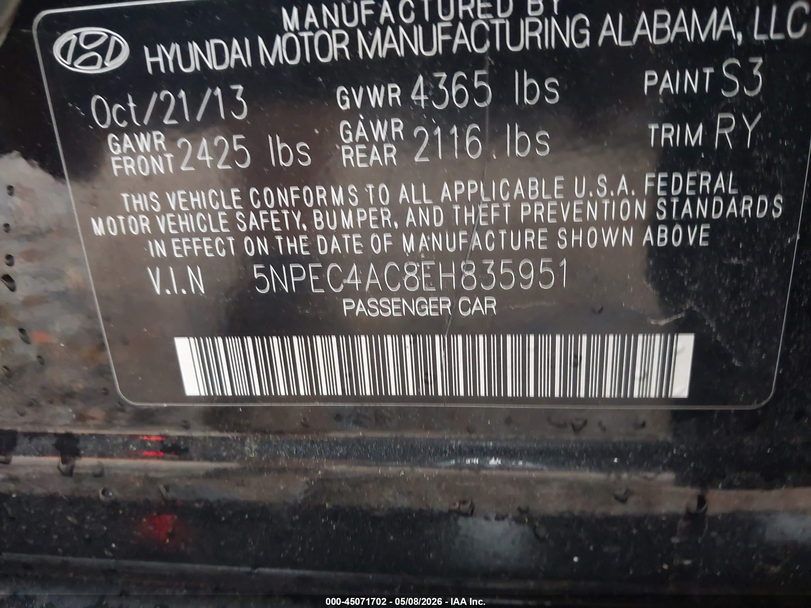 2014 Hyundai Sonata Se Black vin: 5NPEC4AC8EH835951