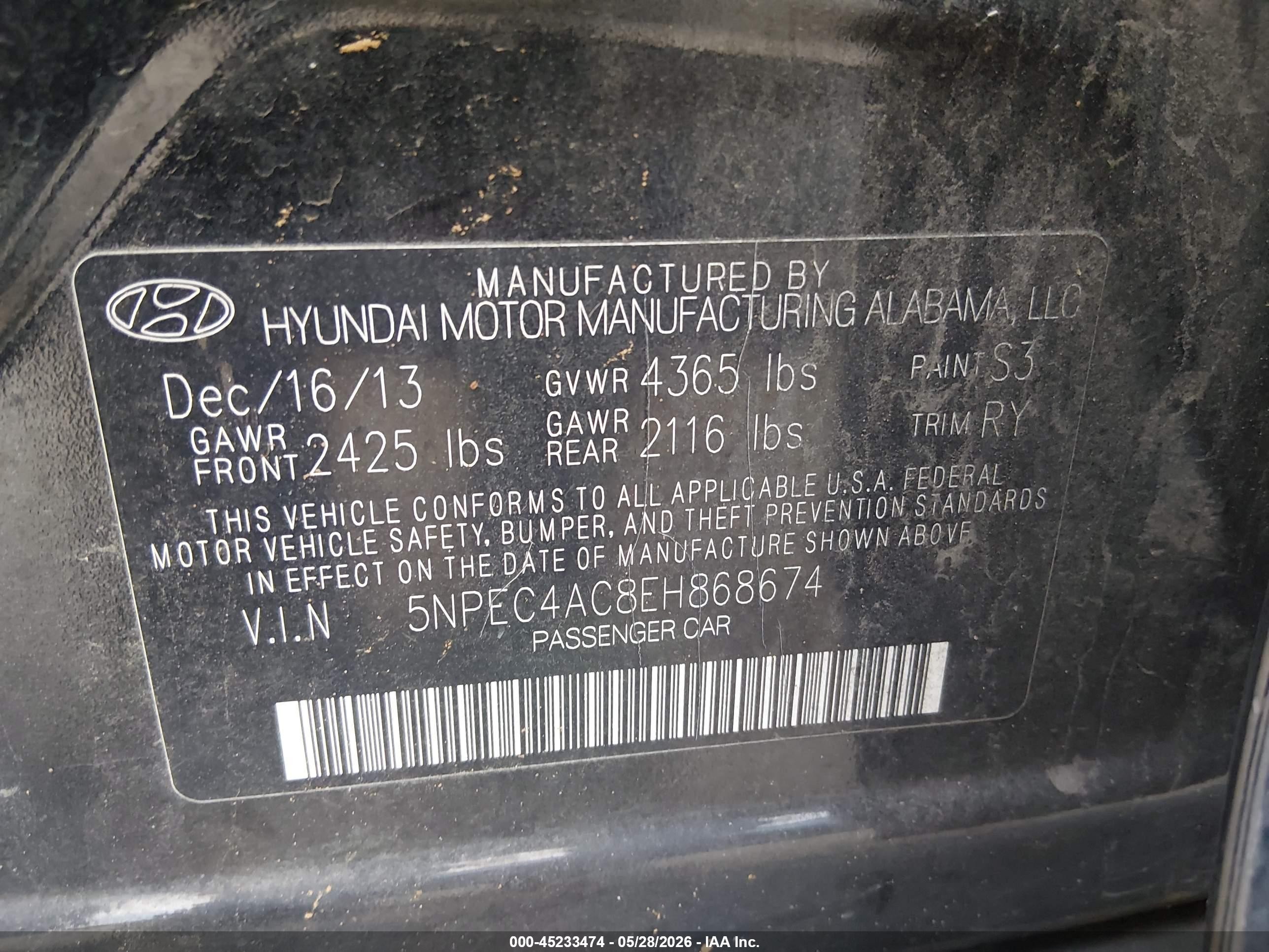 2014 Hyundai Sonata Se Black vin: 5NPEC4AC8EH868674