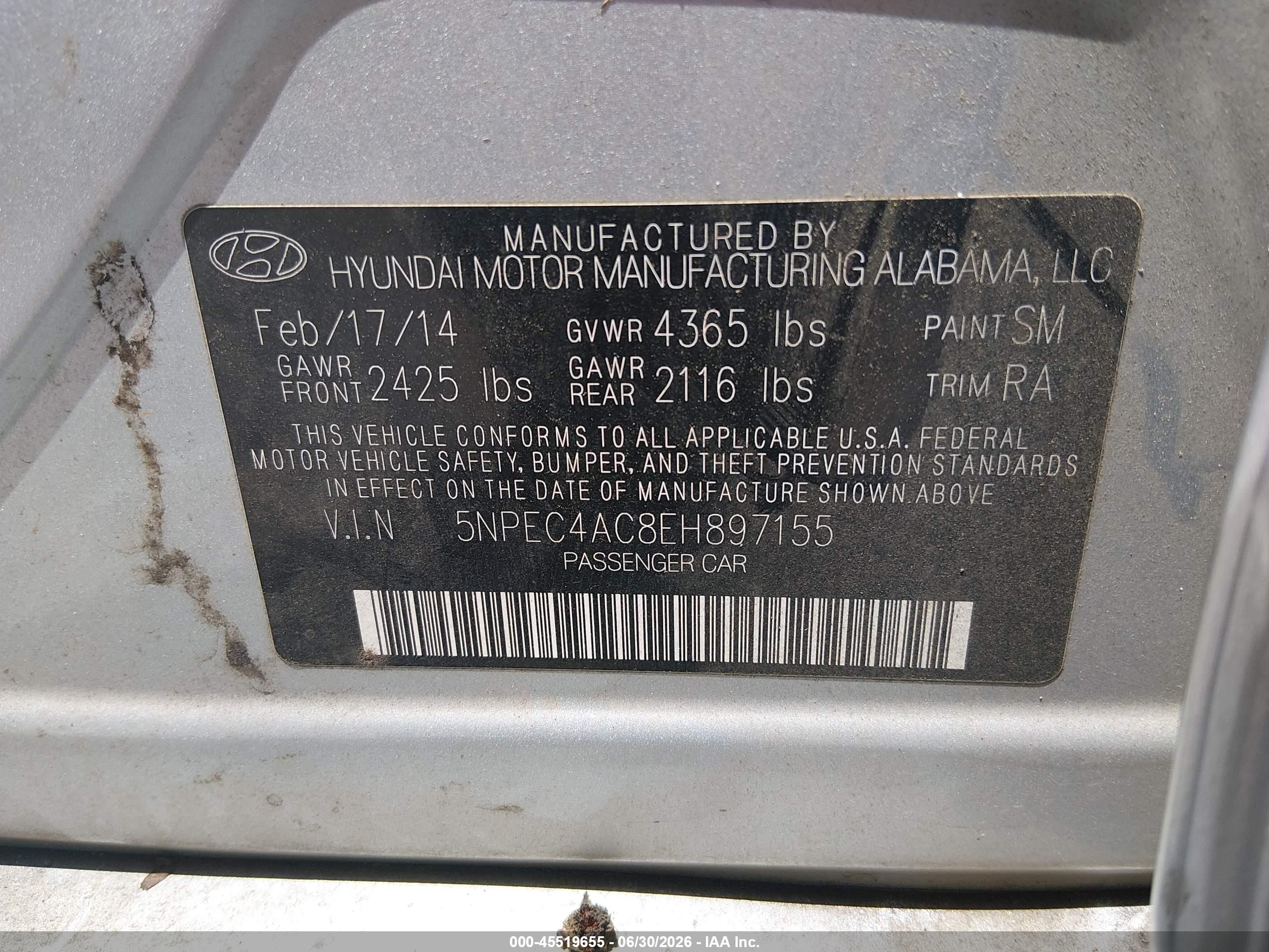 2014 Hyundai Sonata Se Silver vin: 5NPEC4AC8EH897155