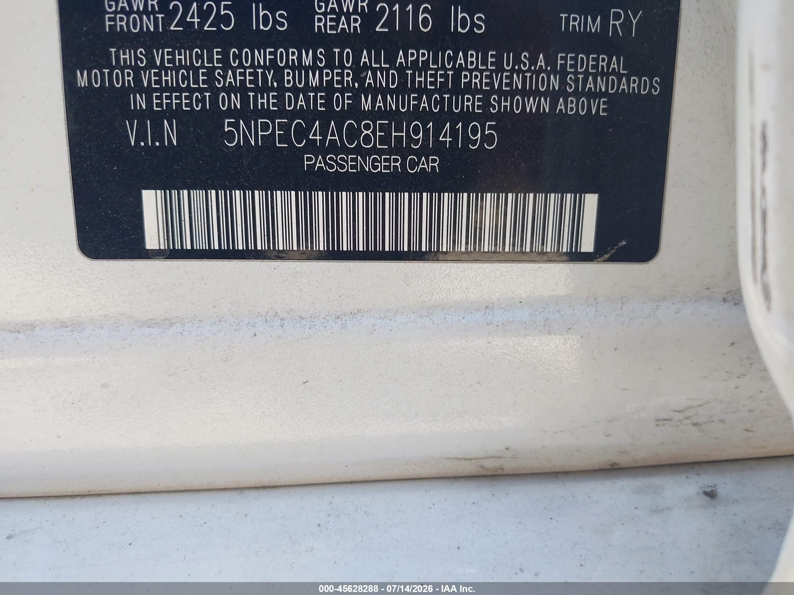 2014 Hyundai Sonata Se White vin: 5NPEC4AC8EH914195