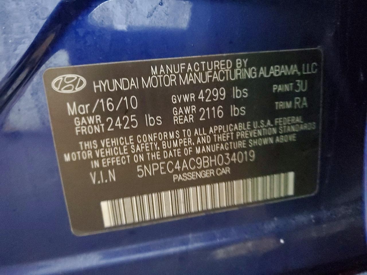 2011 Hyundai Sonata Se Blue vin: 5NPEC4AC9BH034019