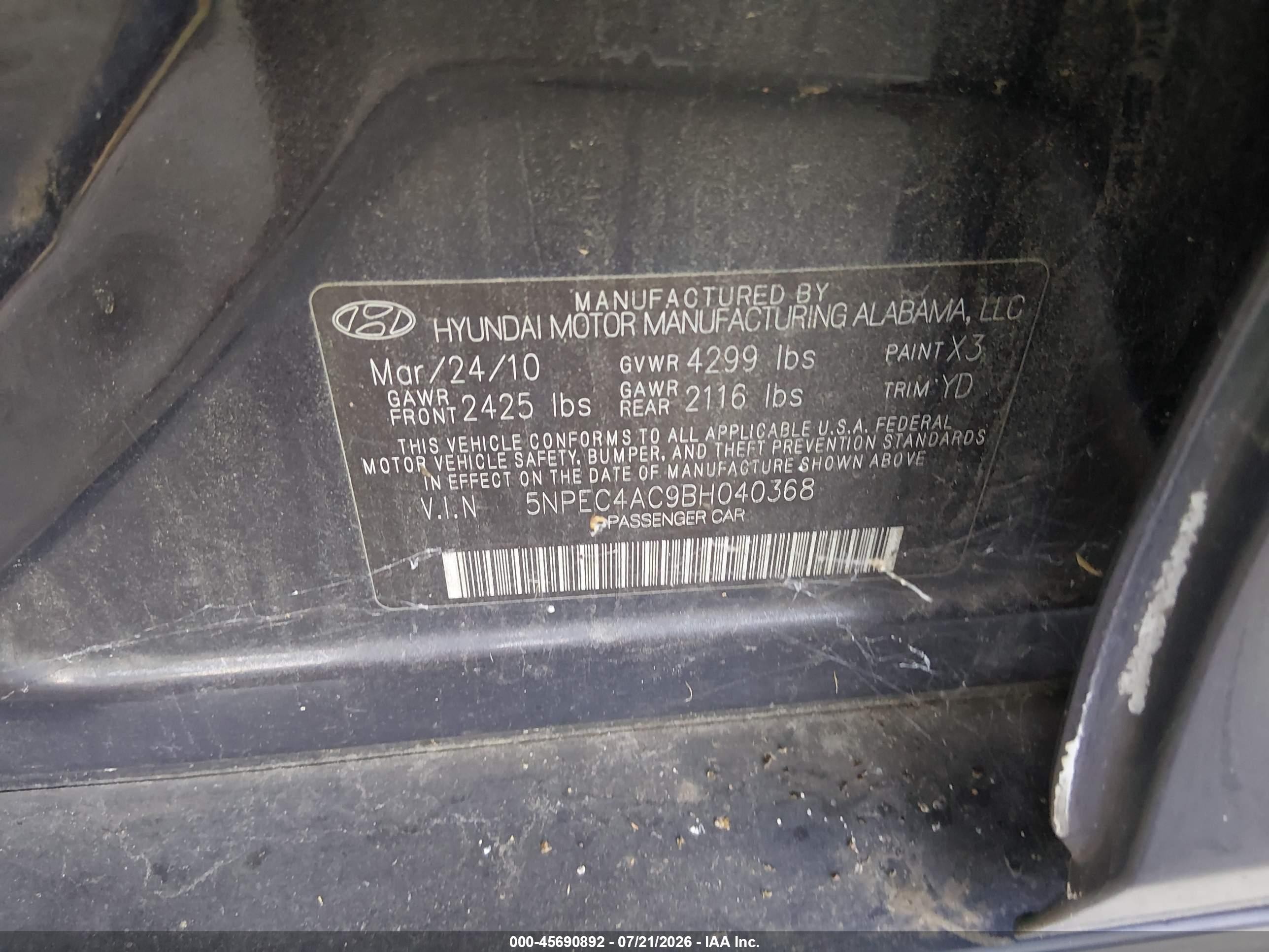 2011 Hyundai Sonata Ltd Black vin: 5NPEC4AC9BH040368