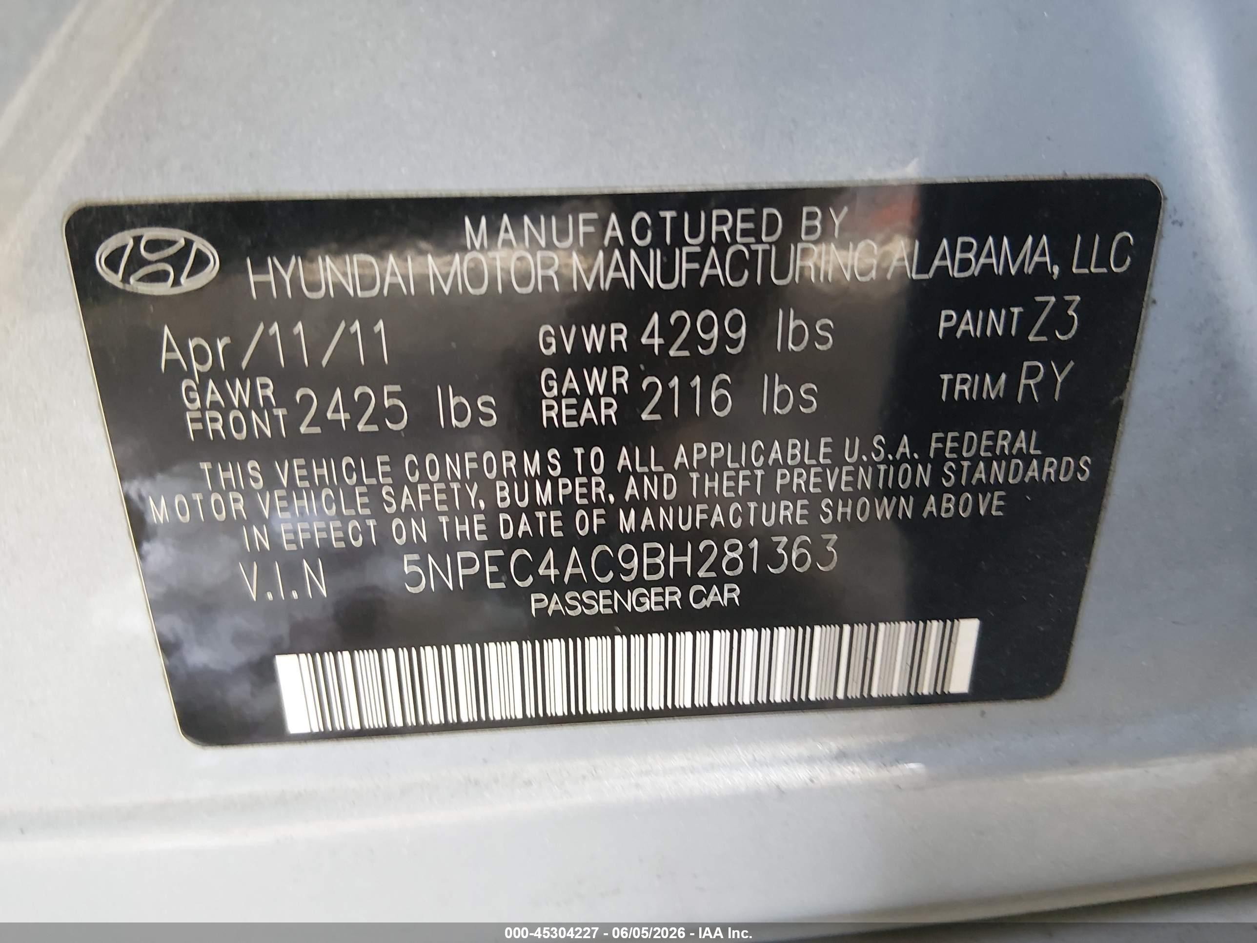 2011 Hyundai Sonata Se Blue vin: 5NPEC4AC9BH281363
