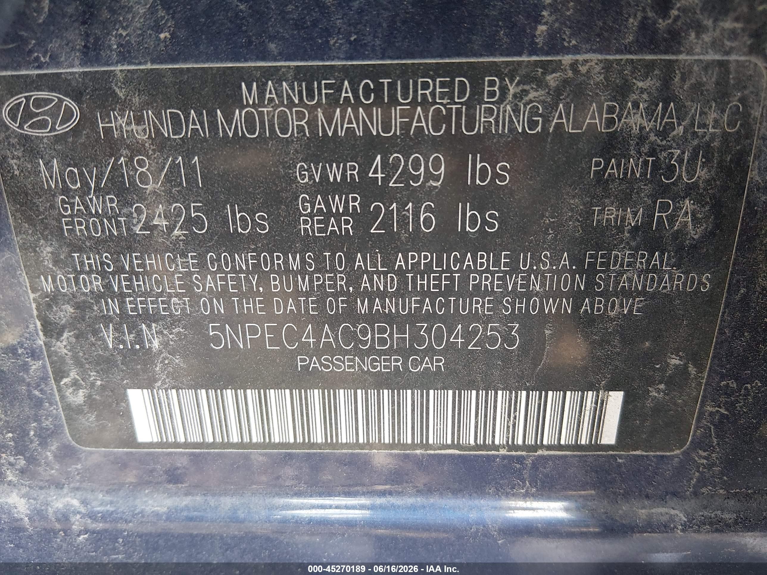 2011 Hyundai Sonata Se Blue vin: 5NPEC4AC9BH304253