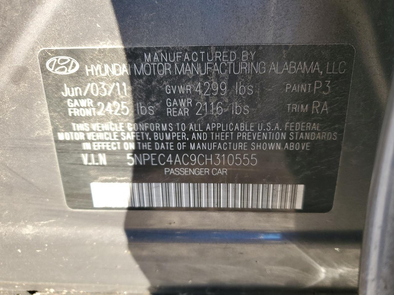 2012 Hyundai Sonata Se Gray vin: 5NPEC4AC9CH310555
