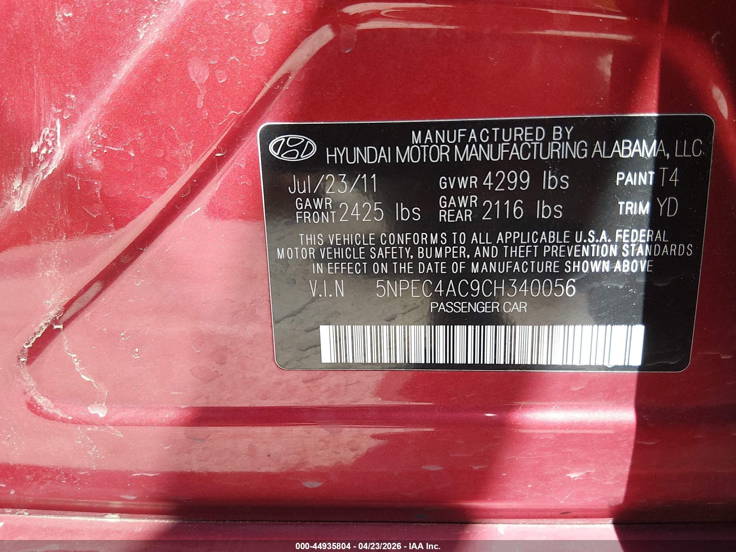 2012 Hyundai Sonata Limited Red vin: 5NPEC4AC9CH340056