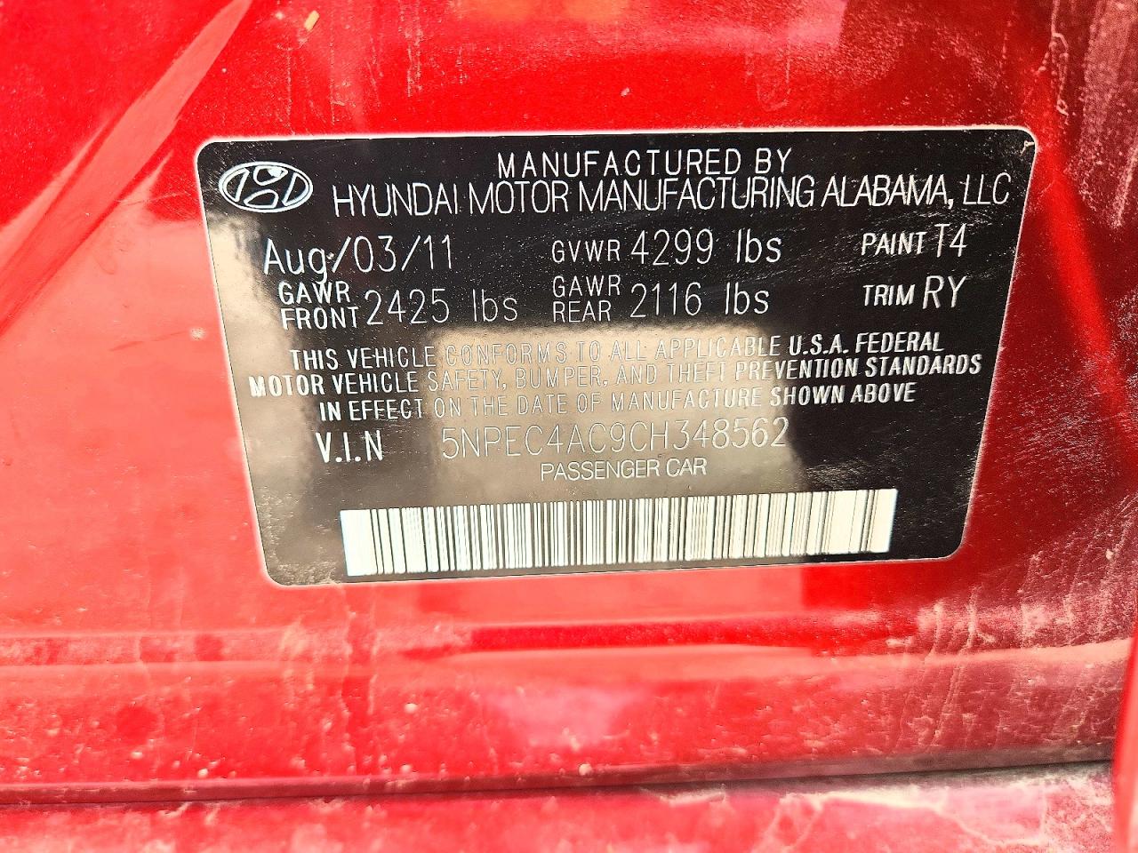 2012 Hyundai Sonata Se Red vin: 5NPEC4AC9CH348562