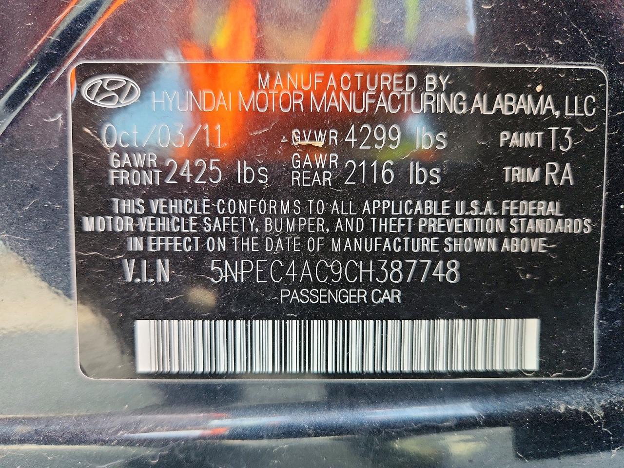 2012 Hyundai Sonata Se Teal vin: 5NPEC4AC9CH387748