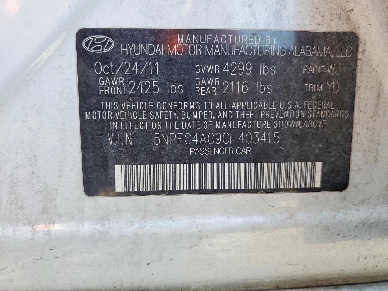 2012 Hyundai Sonata Limited White vin: 5NPEC4AC9CH403415