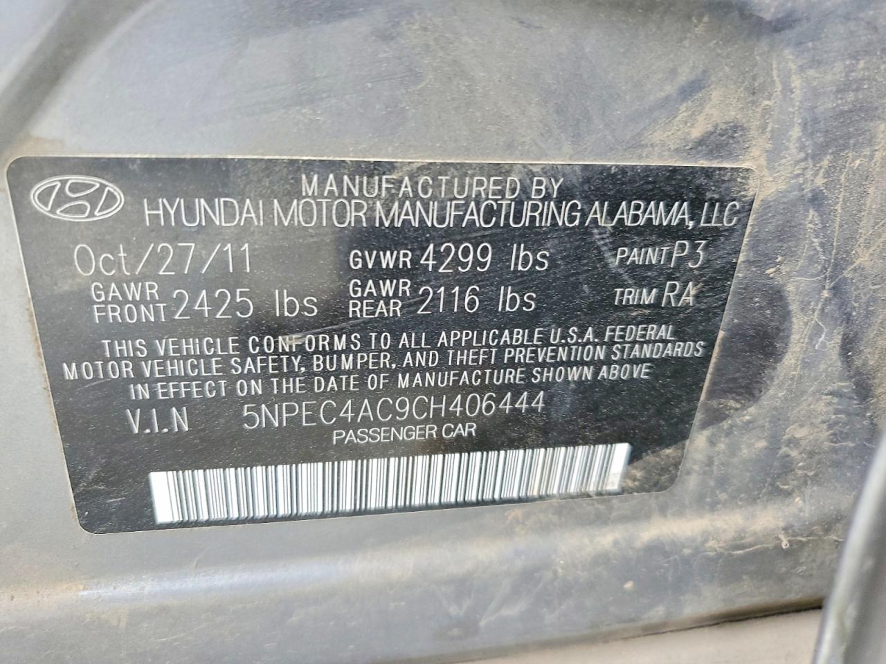 2012 Hyundai Sonata Se Gray vin: 5NPEC4AC9CH406444