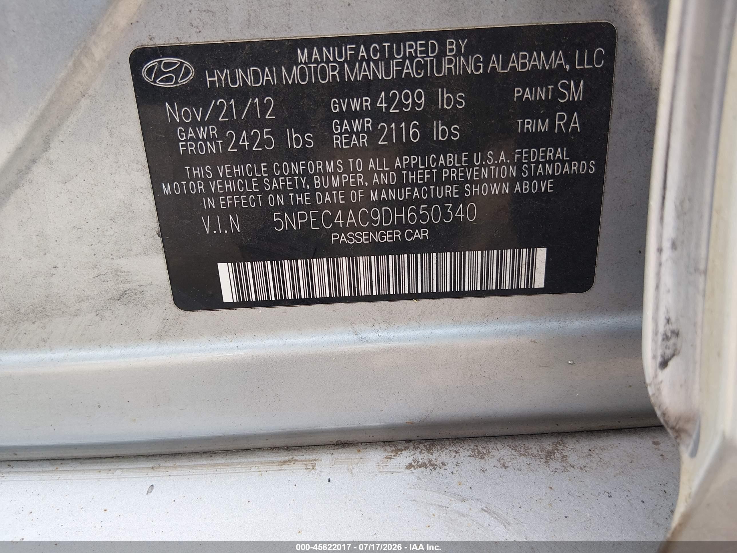 2013 Hyundai Sonata Se Silver vin: 5NPEC4AC9DH650340